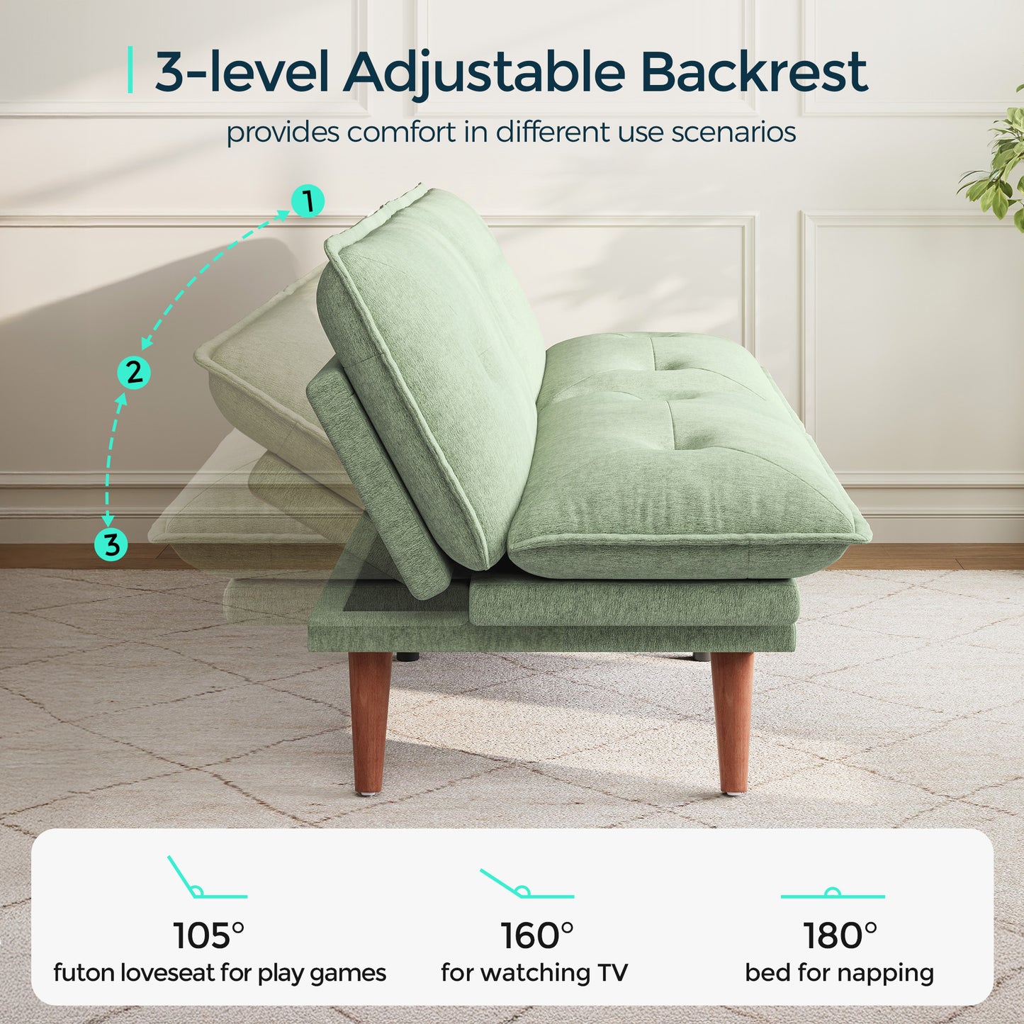 70" Chenille Futon, Convertible Loveseat Sleeper Sofa with Adjustable Backrest and Armrest for Small Spaces and Living Rooms