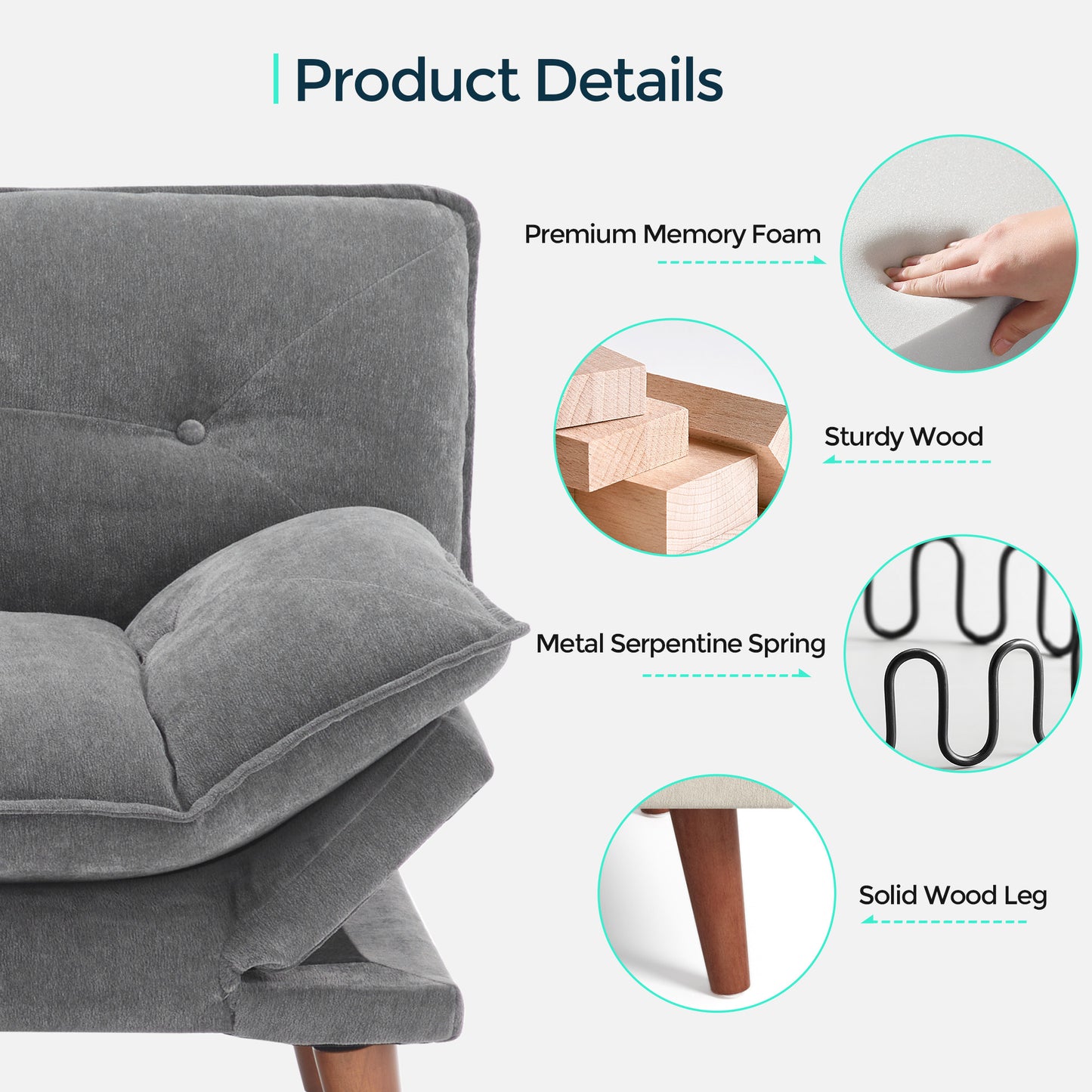70" Chenille Futon, Convertible Loveseat Sleeper Sofa with Adjustable Backrest and Armrest for Small Spaces and Living Rooms