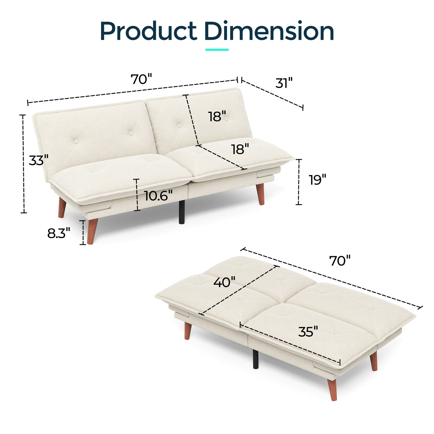 70" Chenille Futon, Convertible Loveseat Sleeper Sofa with Adjustable Backrest and Armrest for Small Spaces and Living Rooms