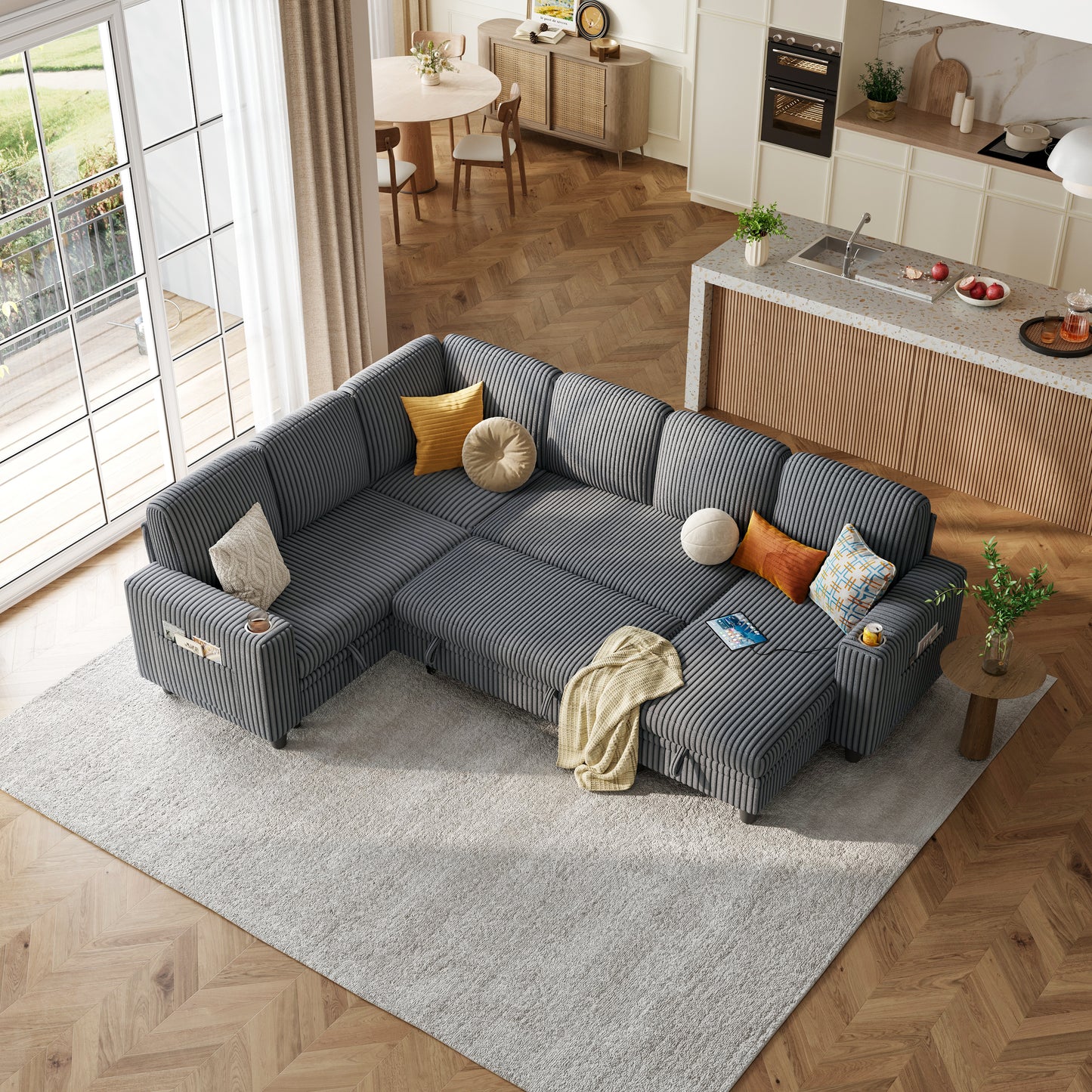 6 Seats with 2 Ottomans, Convertible Plush Corduroy Cloud Couch