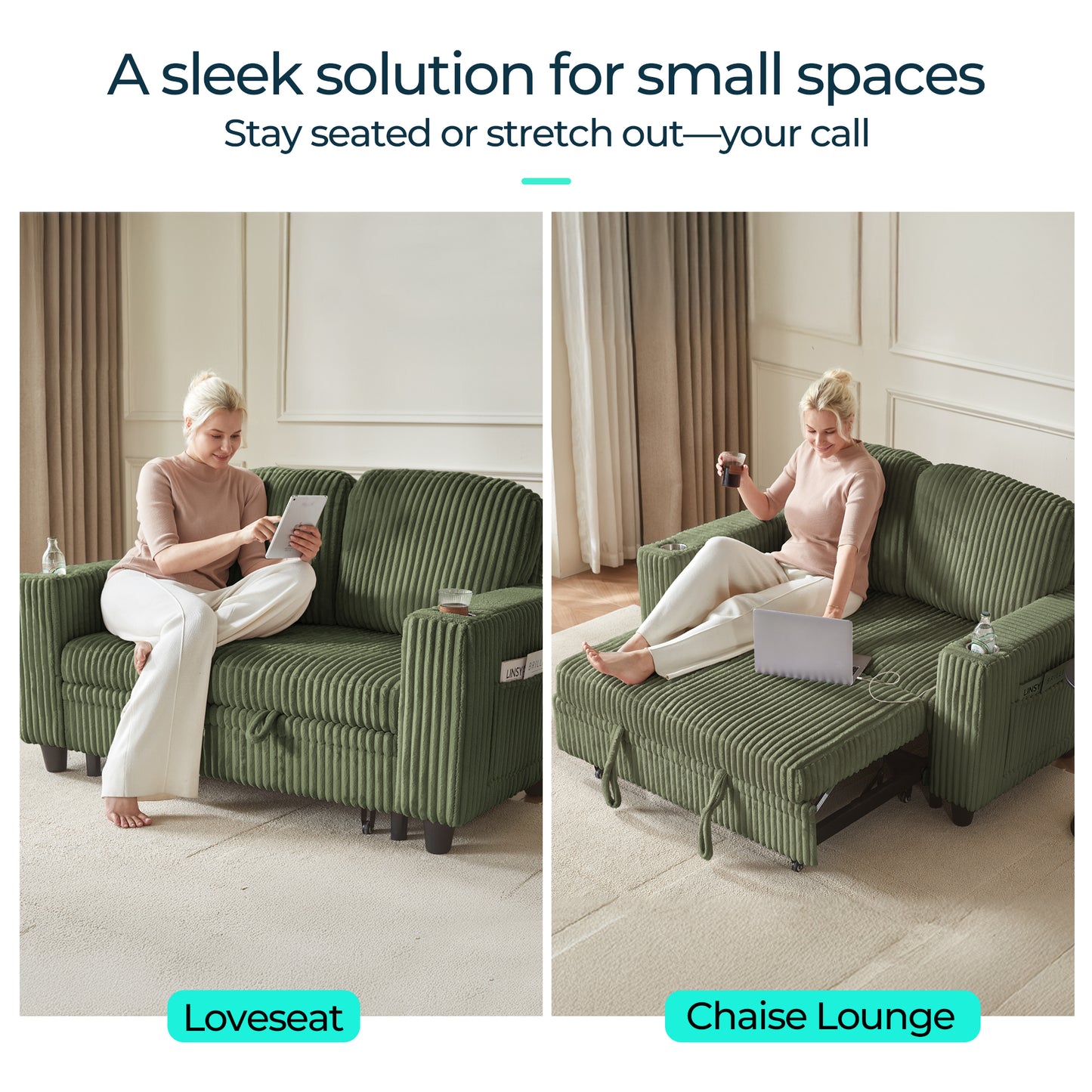 Linsy HS015-02 Plush Corduroy Pull Out Couch Chaise Lounge, Convertible Loveseat Sofa Couch With Usb & Cup Holder