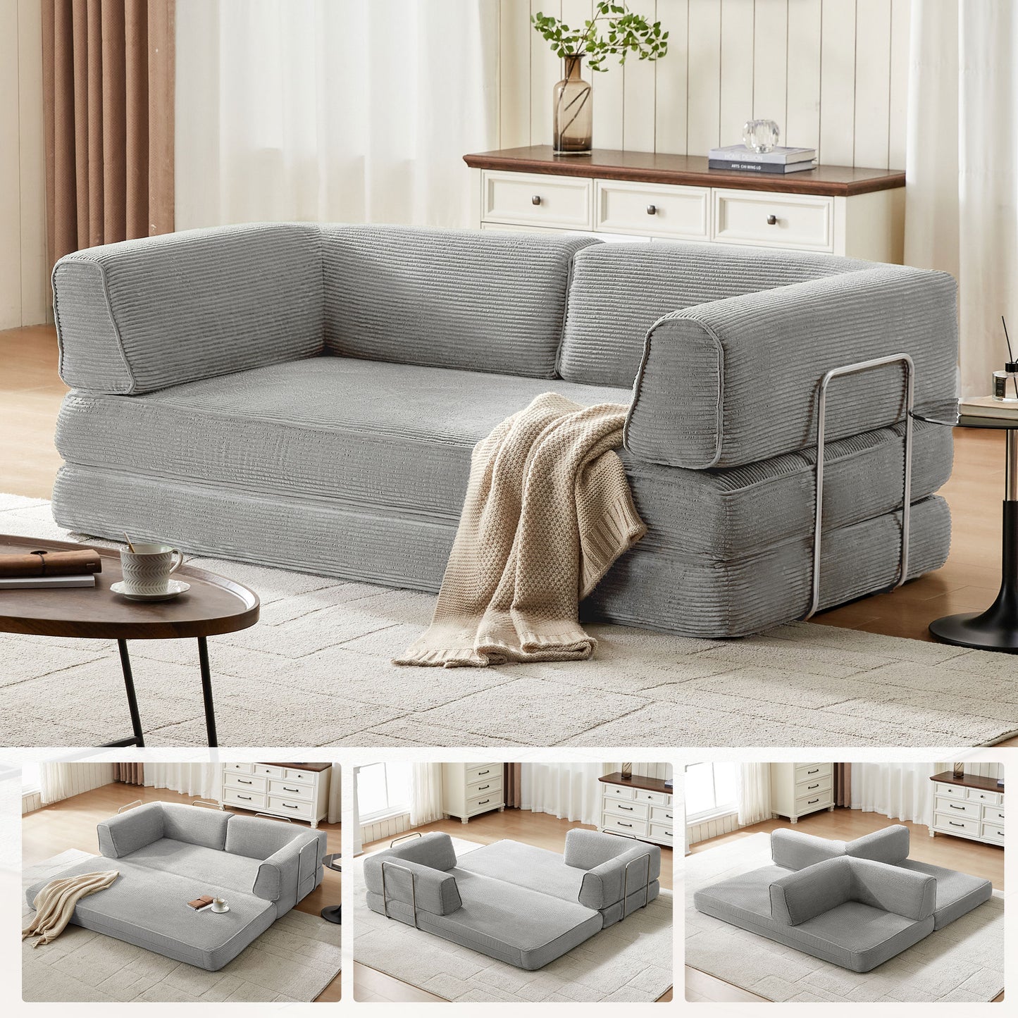 Foldable Sofa Bed, Compressed Sleeper Couch Shipped in a Box, Plush Corduroy, Space-Saving Design for Living Room
