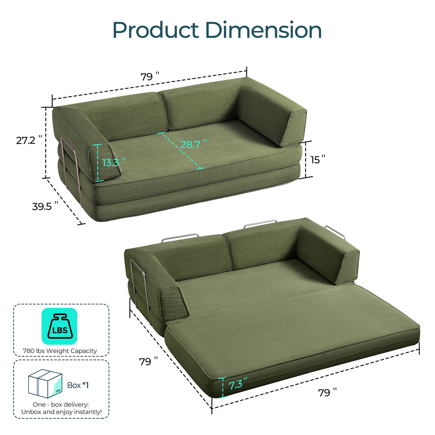 Foldable Sofa Bed, Compressed Sleeper Couch Shipped in a Box, Plush Corduroy, Space-Saving Design for Living Room