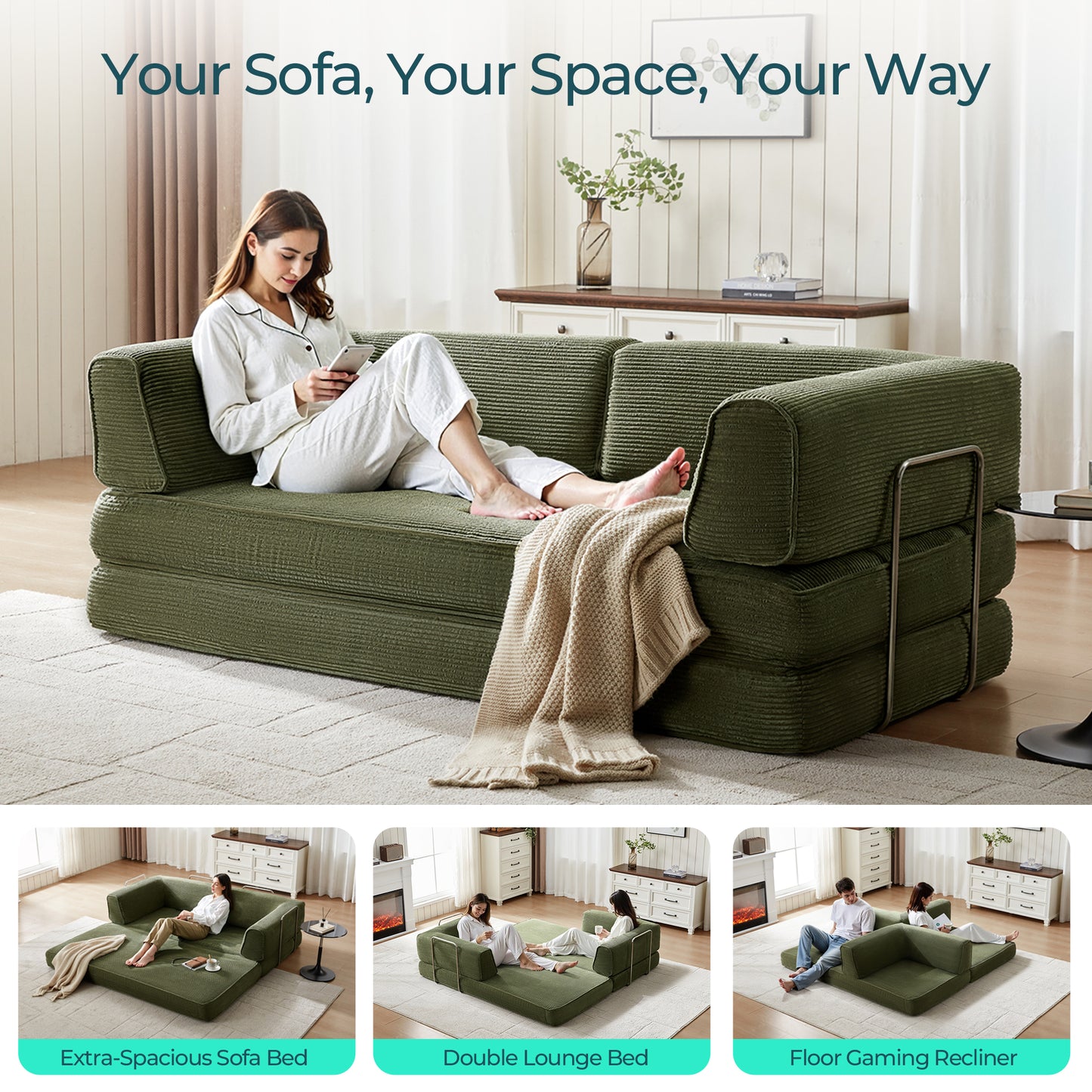 Foldable Sofa Bed, Compressed Sleeper Couch Shipped in a Box, Plush Corduroy, Space-Saving Design for Living Room