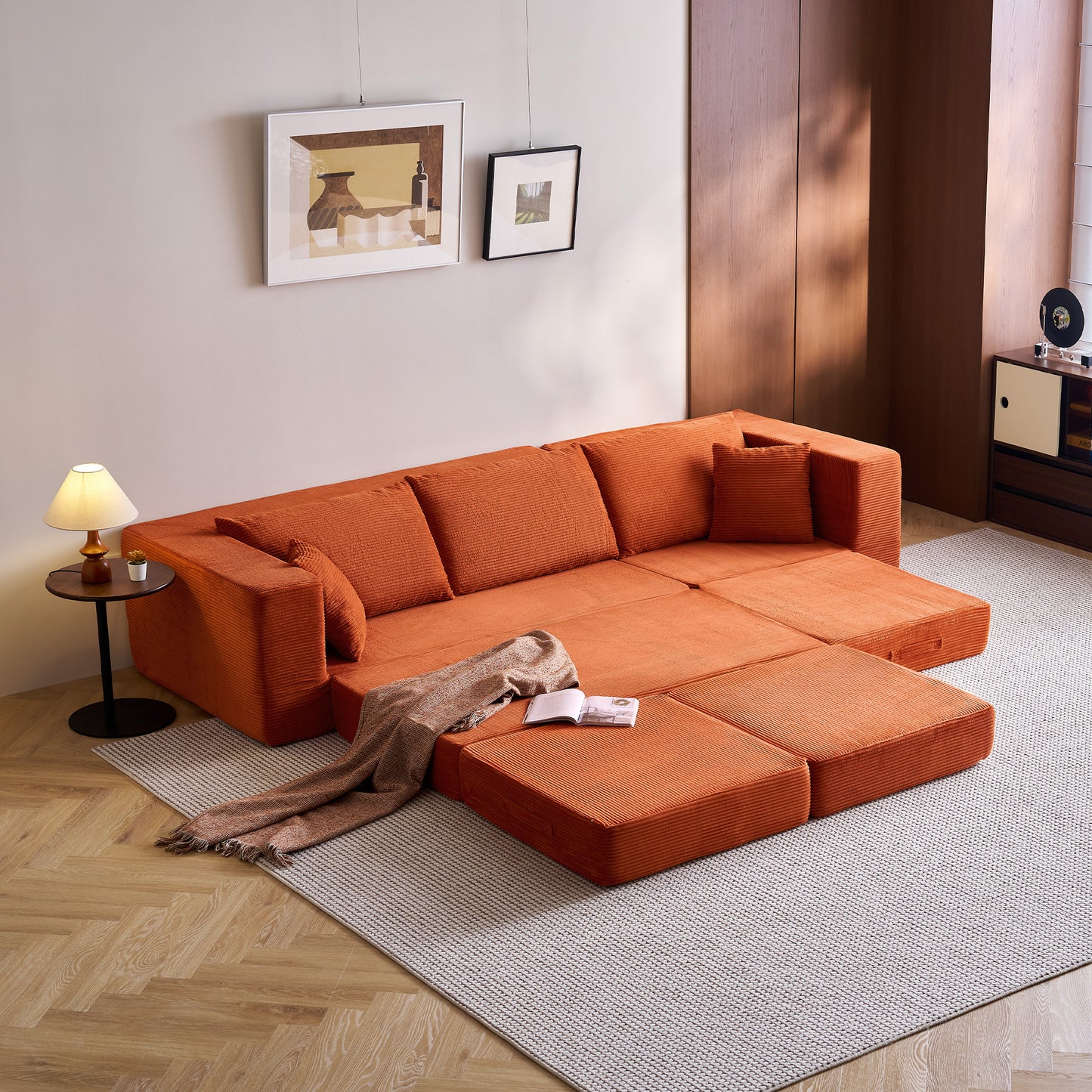 Folding Modular Convertible Sofa Bed with Ottoman, Oversized Corduroy Sleeper Couch