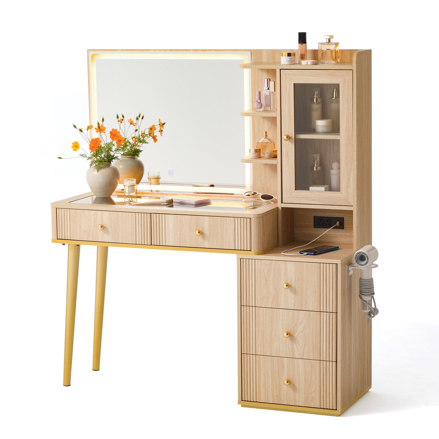 Makeup Vanity Desk with Mirror, Adjustable 3-Color LED and Charging Outlet