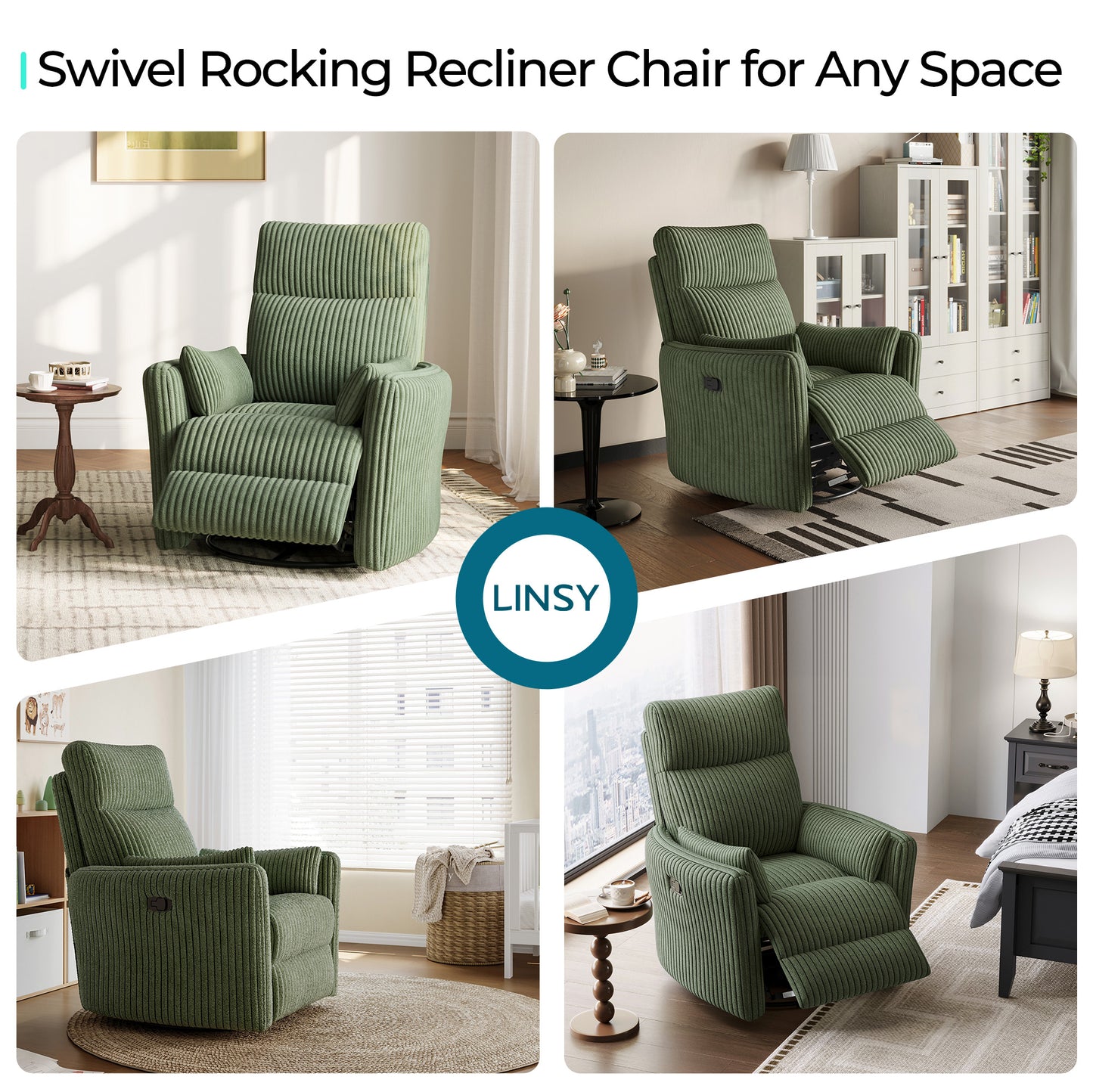 360 Swivel Rocker Recliner - Corduroy Nursery Glider Rocking Chair with 2 Pillows