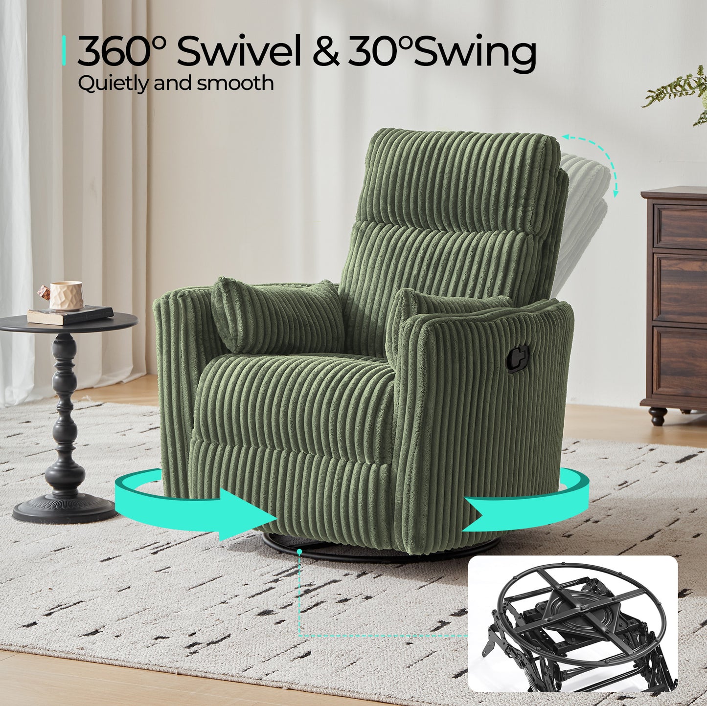 360 Swivel Rocker Recliner - Corduroy Nursery Glider Rocking Chair with 2 Pillows
