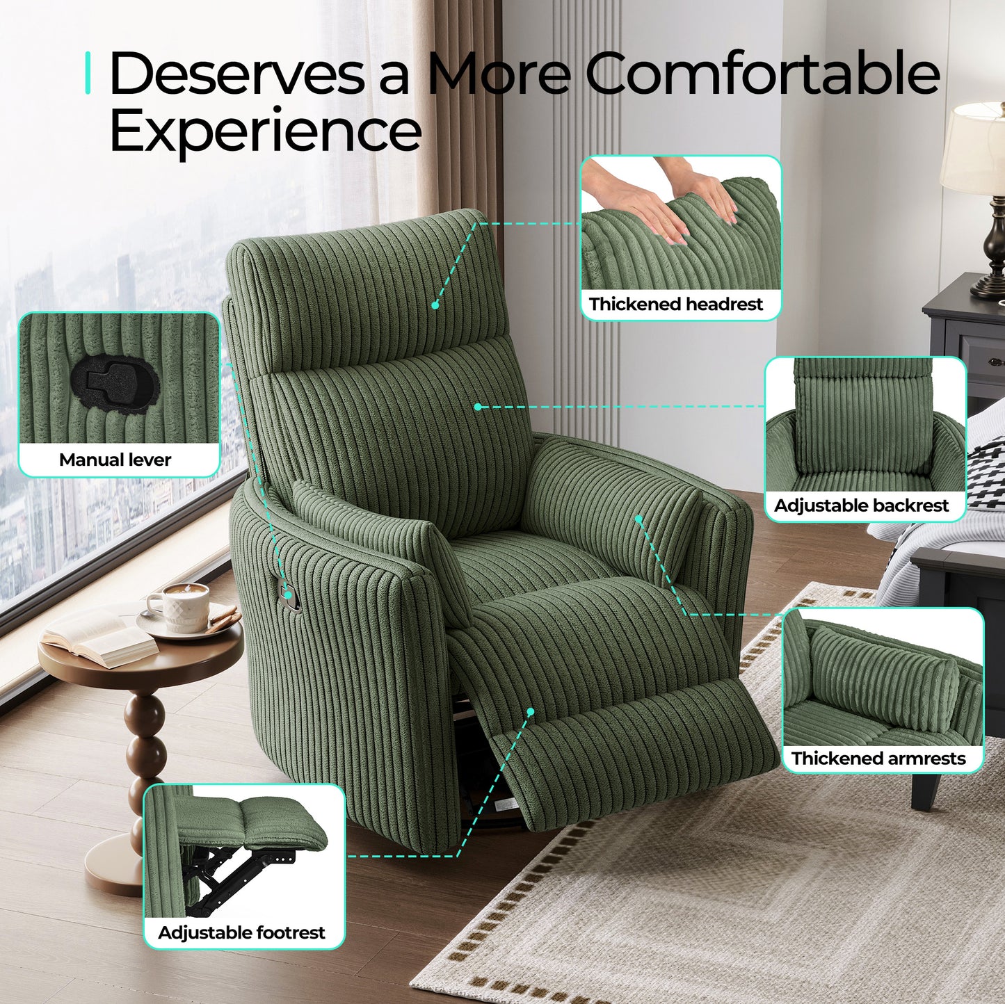 360 Swivel Rocker Recliner - Corduroy Nursery Glider Rocking Chair with 2 Pillows