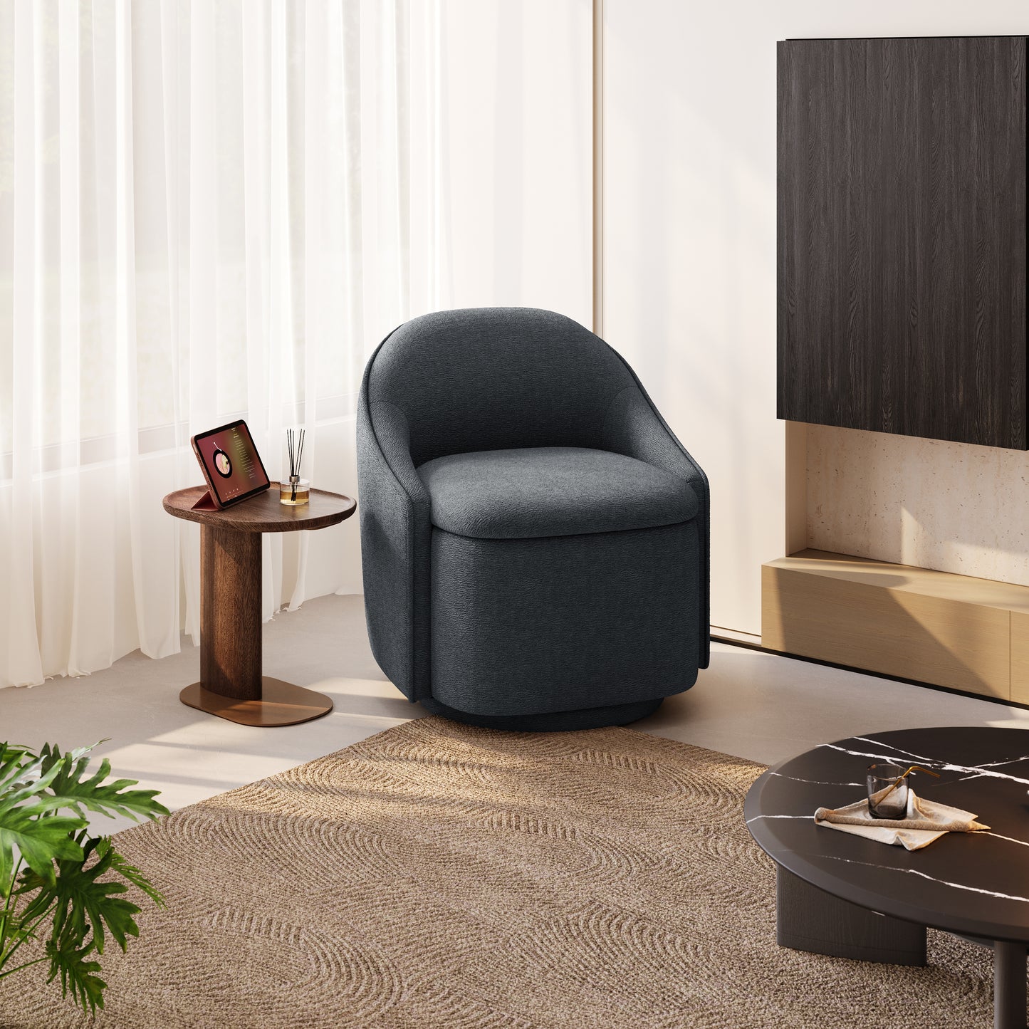 Chenille Barrel Chair with Storage, Comfy 360° Swivel Accent Armchair for Living Room, Bedroom