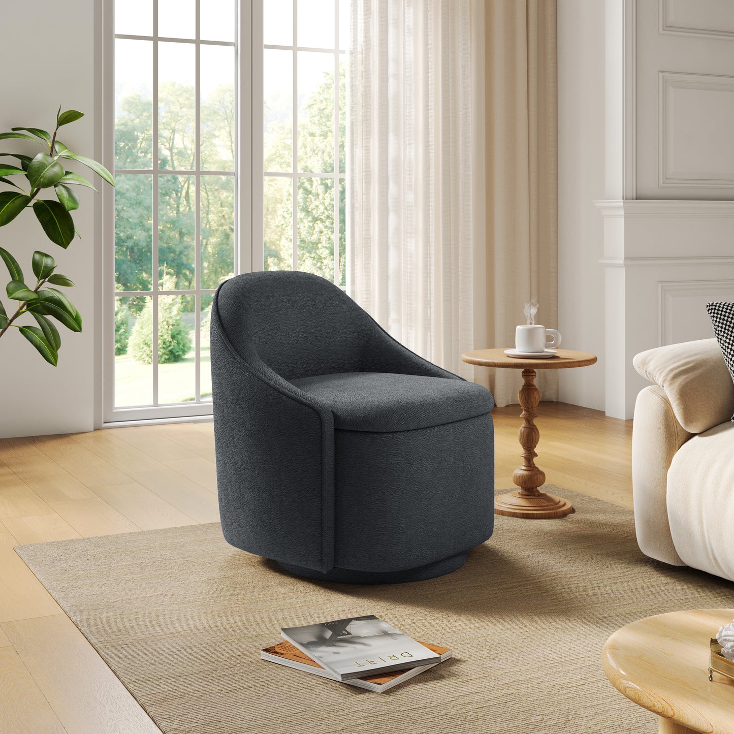 Chenille Barrel Chair with Storage, Comfy 360° Swivel Accent Armchair for Living Room, Bedroom