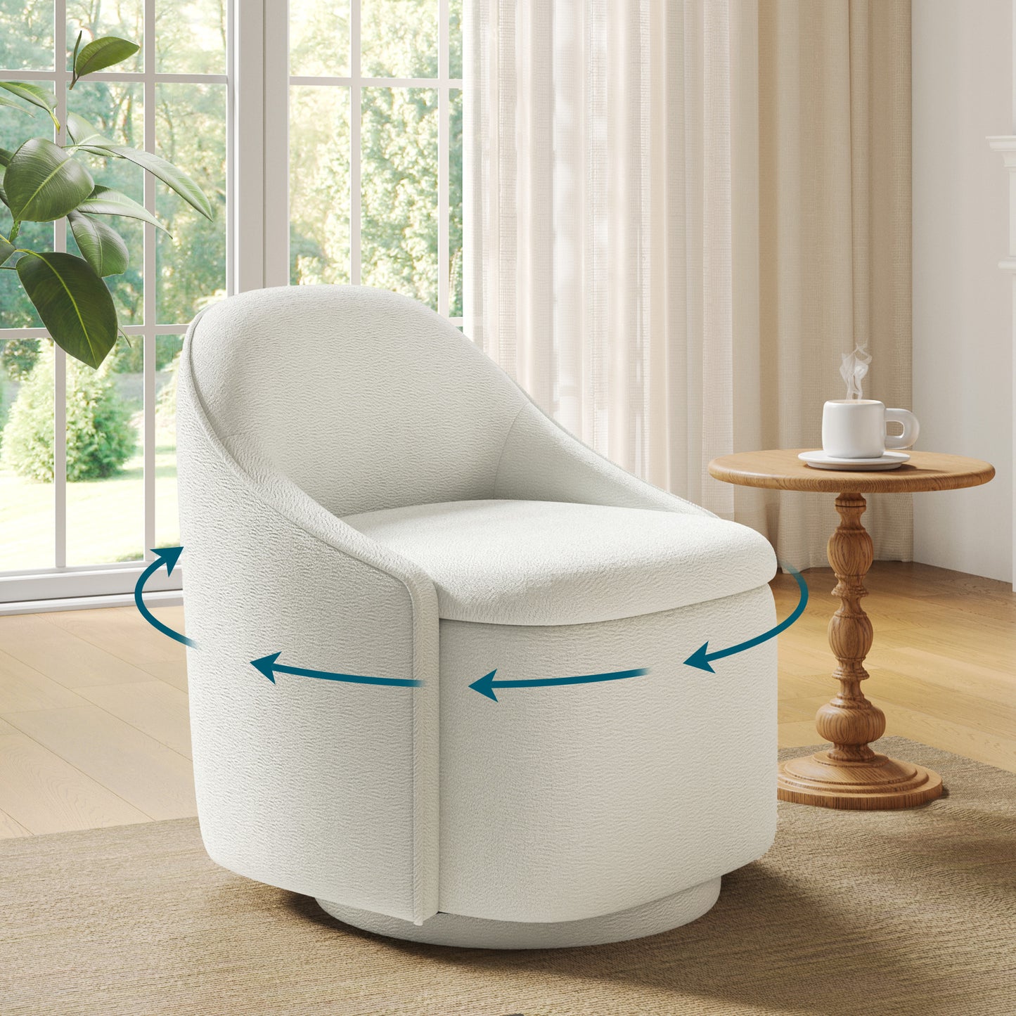 Chenille Barrel Chair with Storage, Comfy 360° Swivel Accent Armchair for Living Room, Bedroom