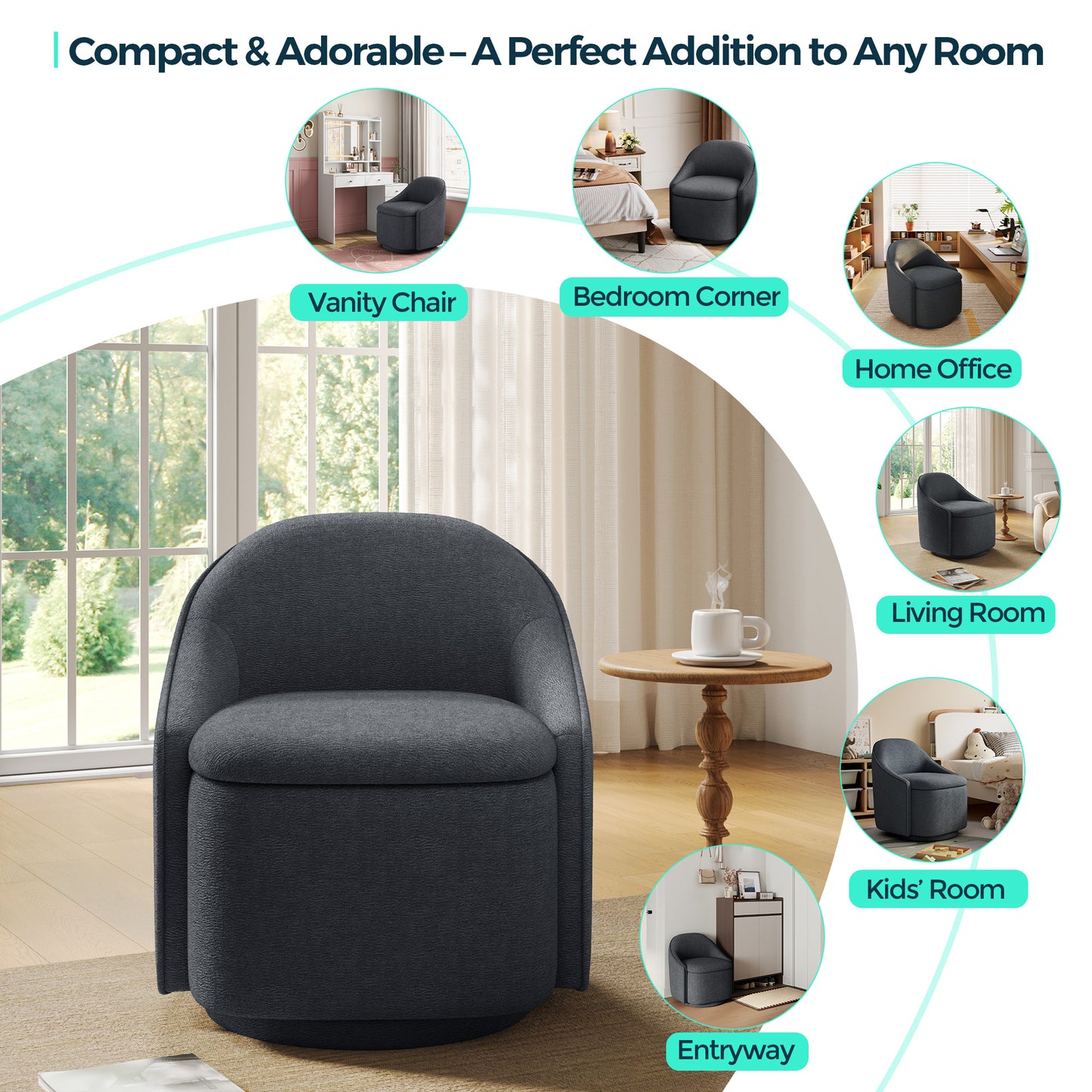 Chenille Barrel Chair with Storage, Comfy 360° Swivel Accent Armchair for Living Room, Bedroom