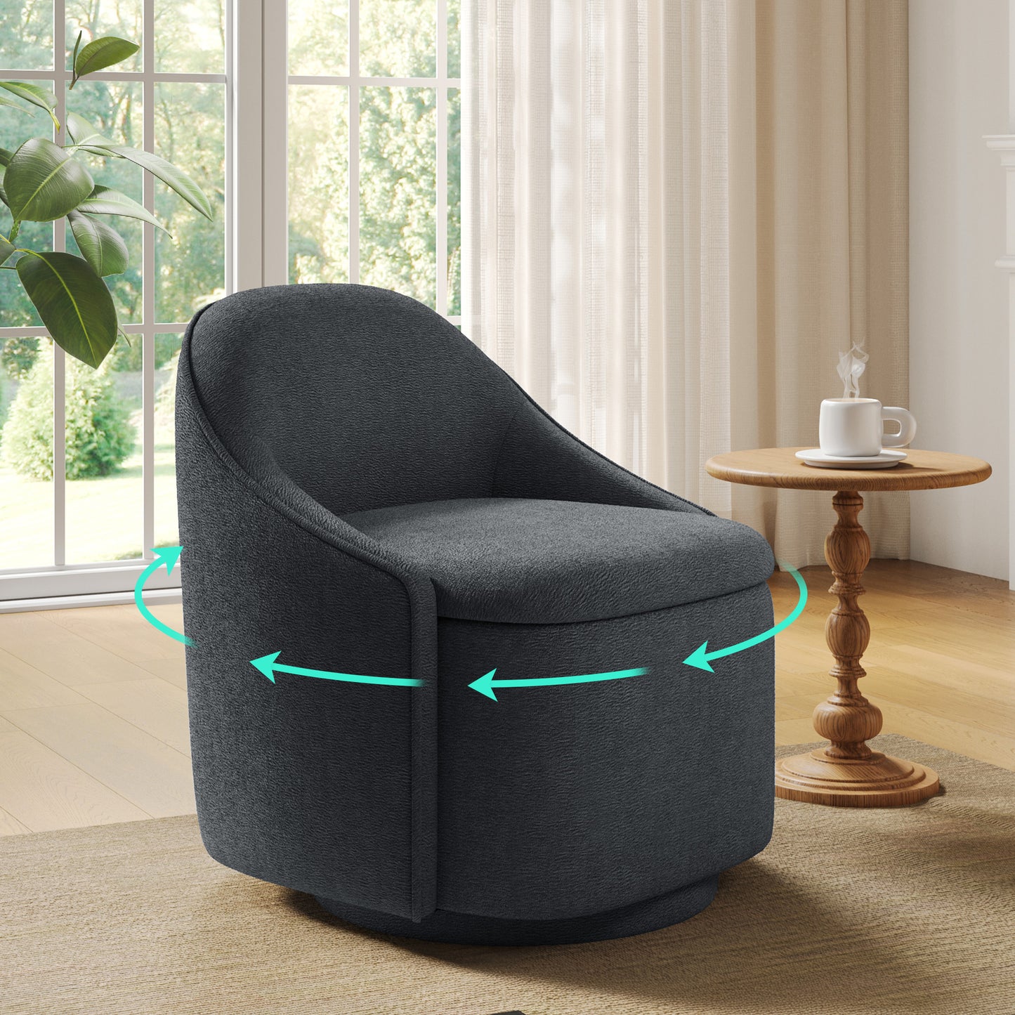 Chenille Barrel Chair with Storage, Comfy 360° Swivel Accent Armchair for Living Room, Bedroom
