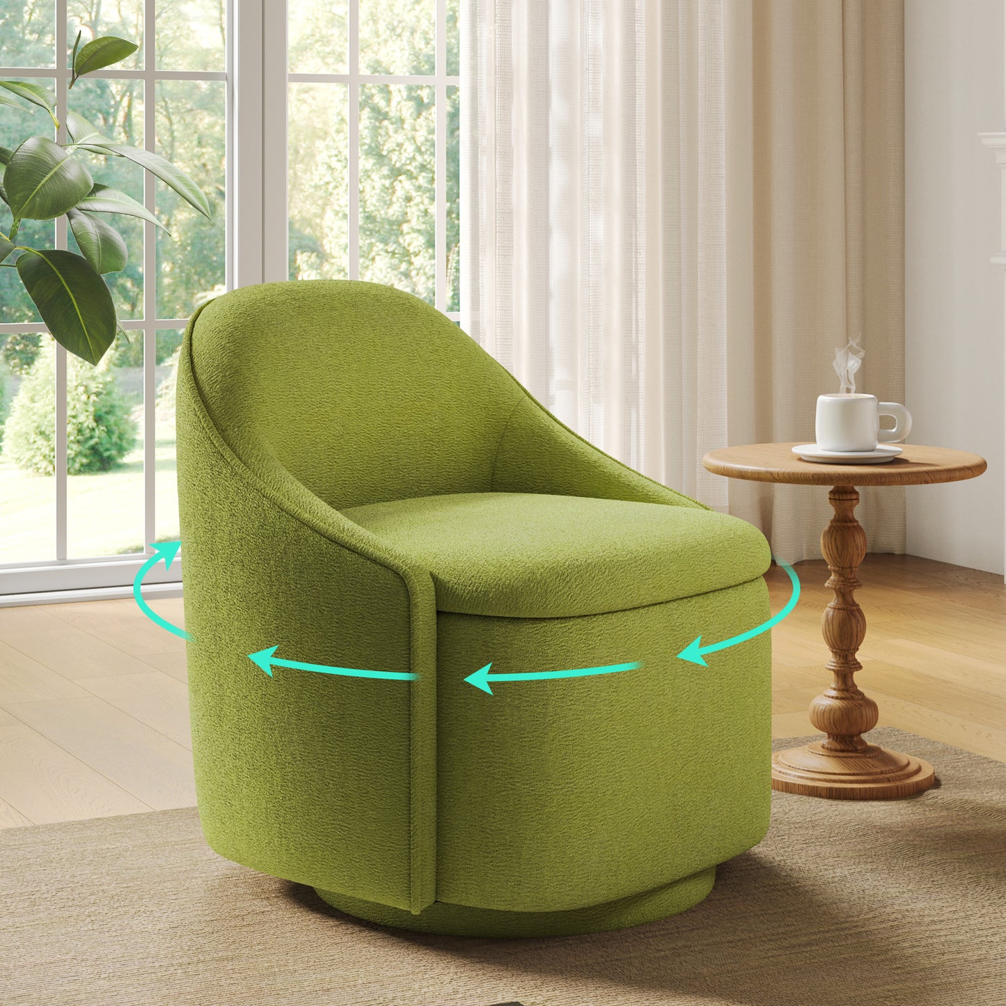 Chenille Barrel Chair with Storage, Comfy 360° Swivel Accent Armchair for Living Room, Bedroom