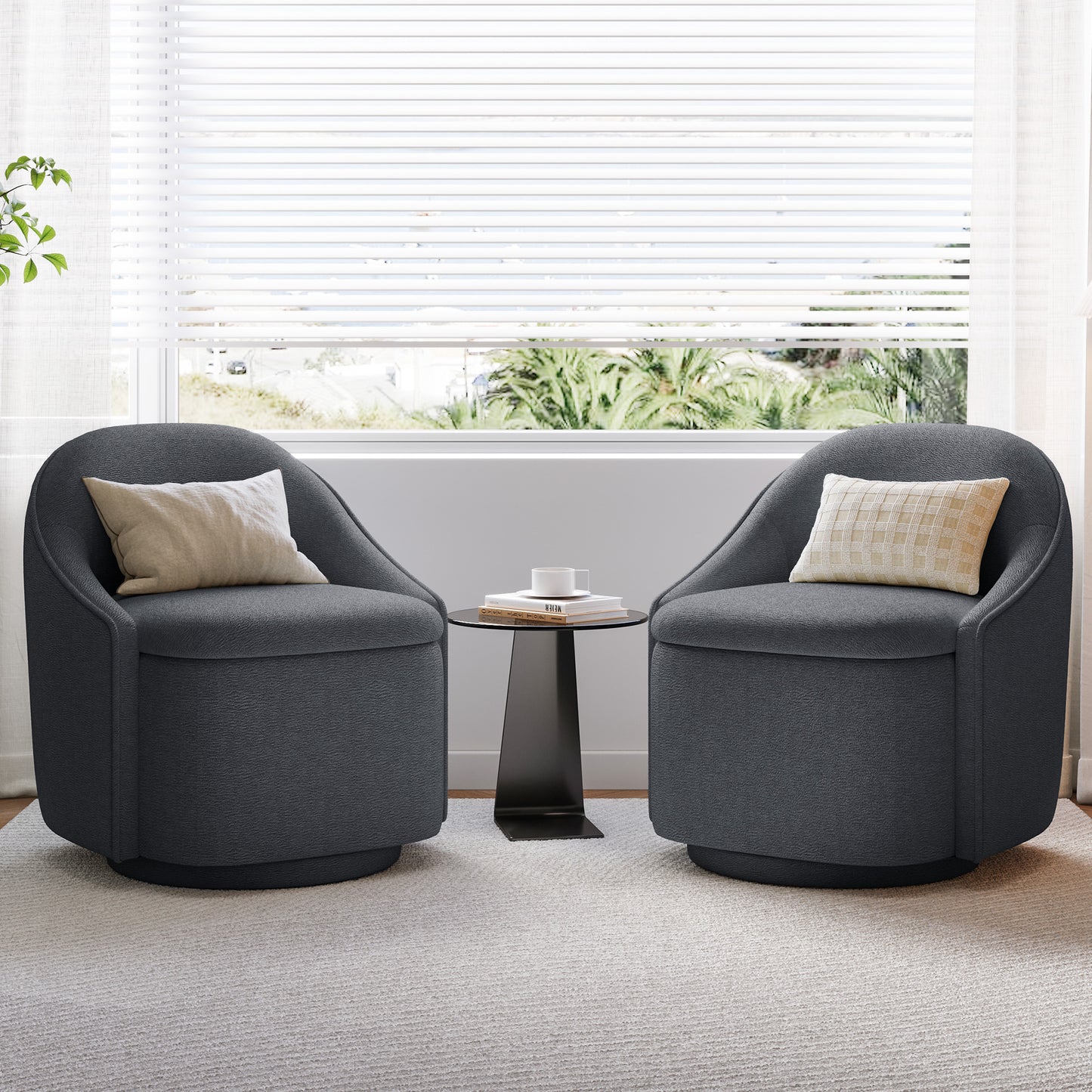 Chenille Barrel Chair with Storage, Comfy 360° Swivel Accent Armchair for Living Room, Bedroom