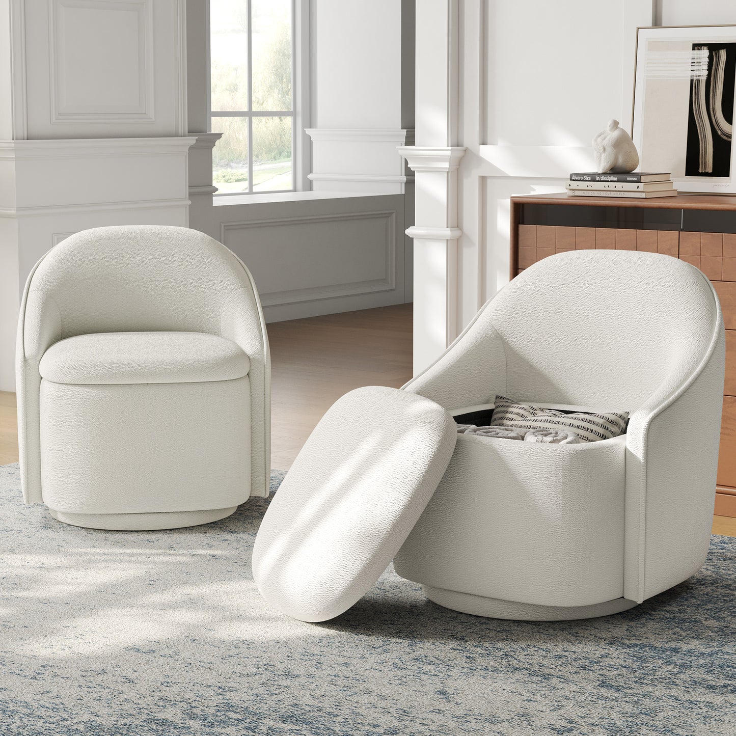 Chenille Barrel Chair with Storage, Comfy 360° Swivel Accent Armchair for Living Room, Bedroom