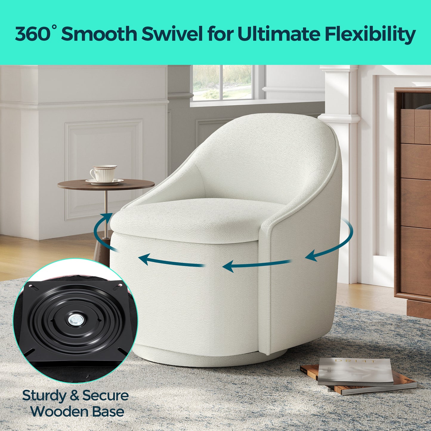 Chenille Barrel Chair with Storage, Comfy 360° Swivel Accent Armchair for Living Room, Bedroom