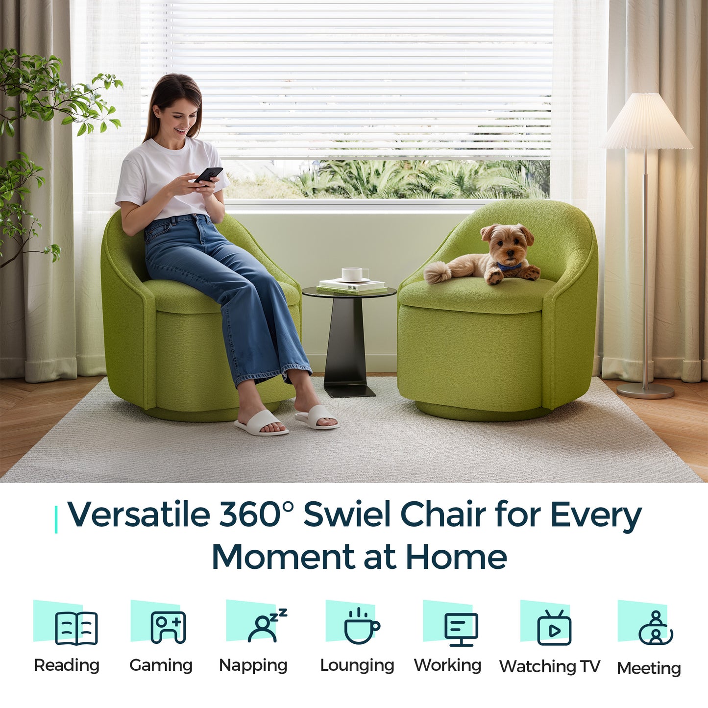 Chenille Barrel Chair with Storage, Comfy 360° Swivel Accent Armchair for Living Room, Bedroom