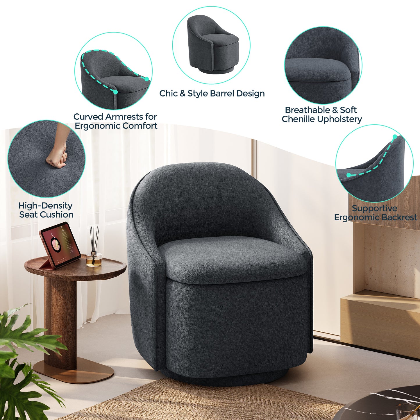 Chenille Barrel Chair with Storage, Comfy 360° Swivel Accent Armchair for Living Room, Bedroom