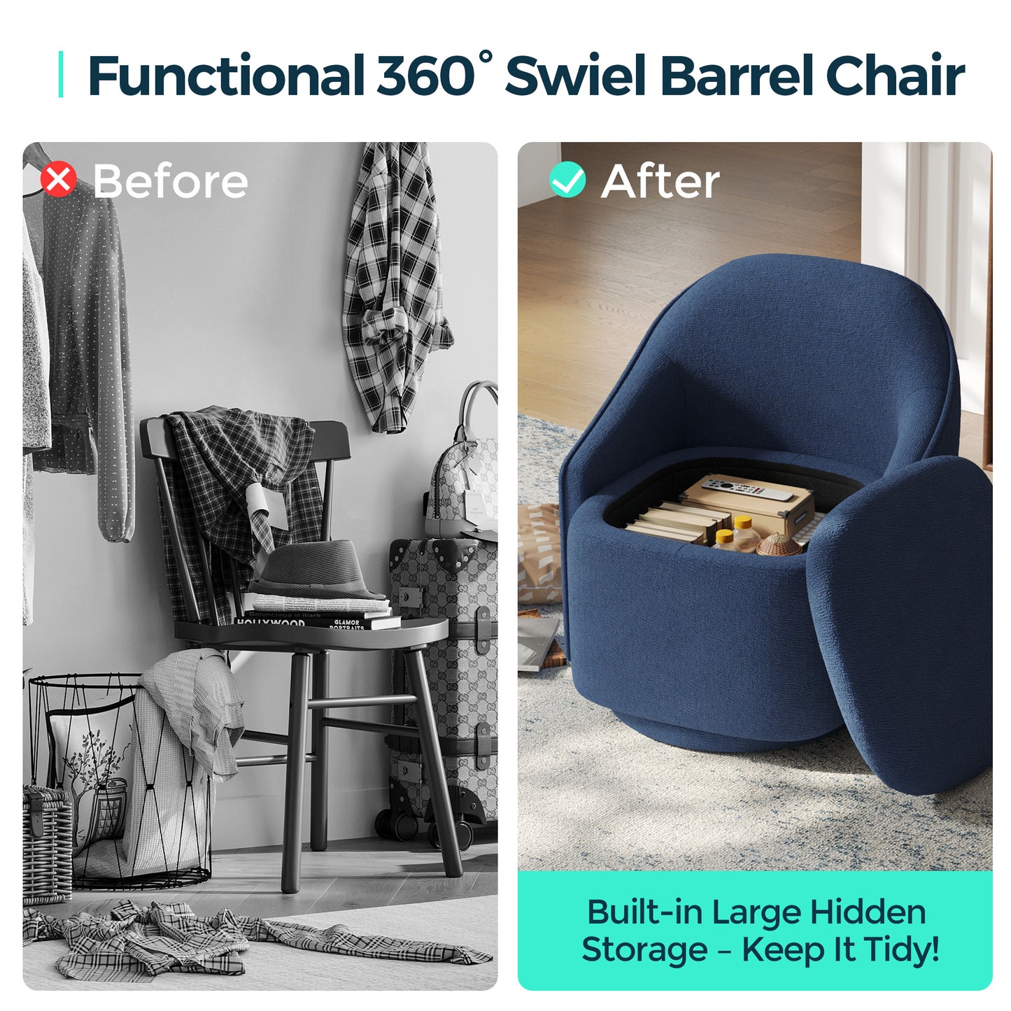Chenille Barrel Chair with Storage, Comfy 360° Swivel Accent Armchair for Living Room, Bedroom