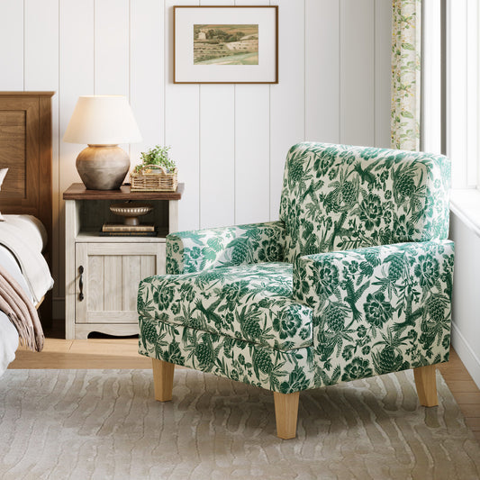 Floral Accent Armchair, Upholstered Lounge Chair with Wooden Legs for Living Room, Bedroom, or Reading Nook