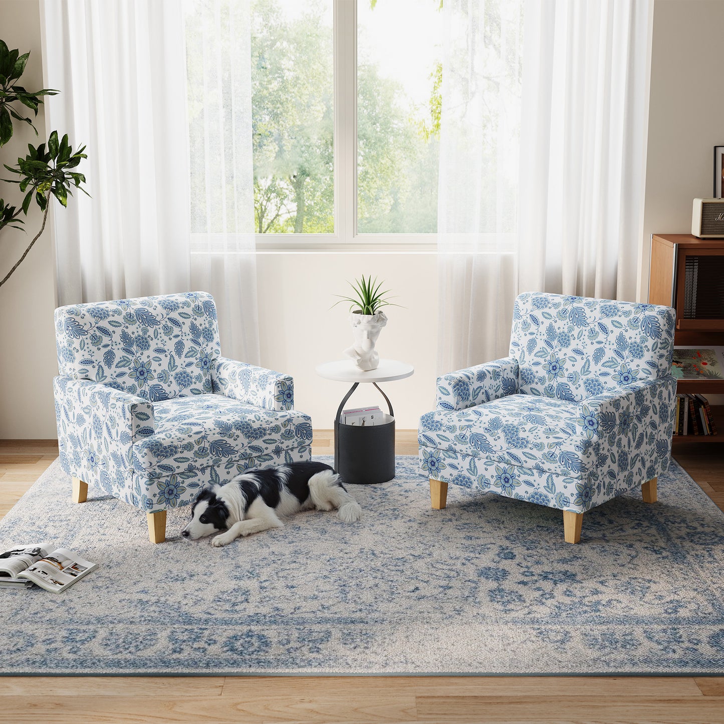 Floral Accent Armchair, Upholstered Lounge Chair with Wooden Legs for Living Room, Bedroom, or Reading Nook