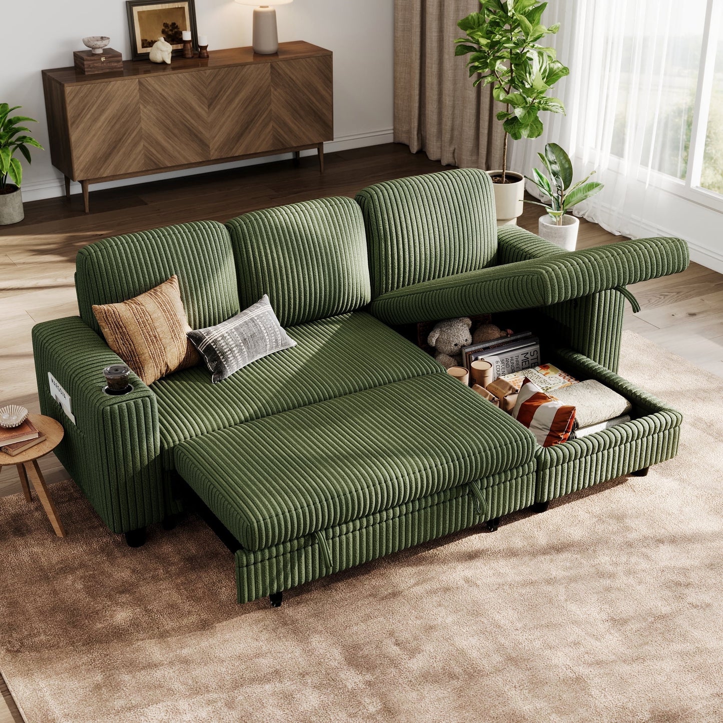 LINSY HOME L Shaped Sectional Couches for Living Room, Sleeper Sofa Bed with Reversible Storage Chaise, Pull Out Couch Bed with USB, Cup Holder, Dark Green