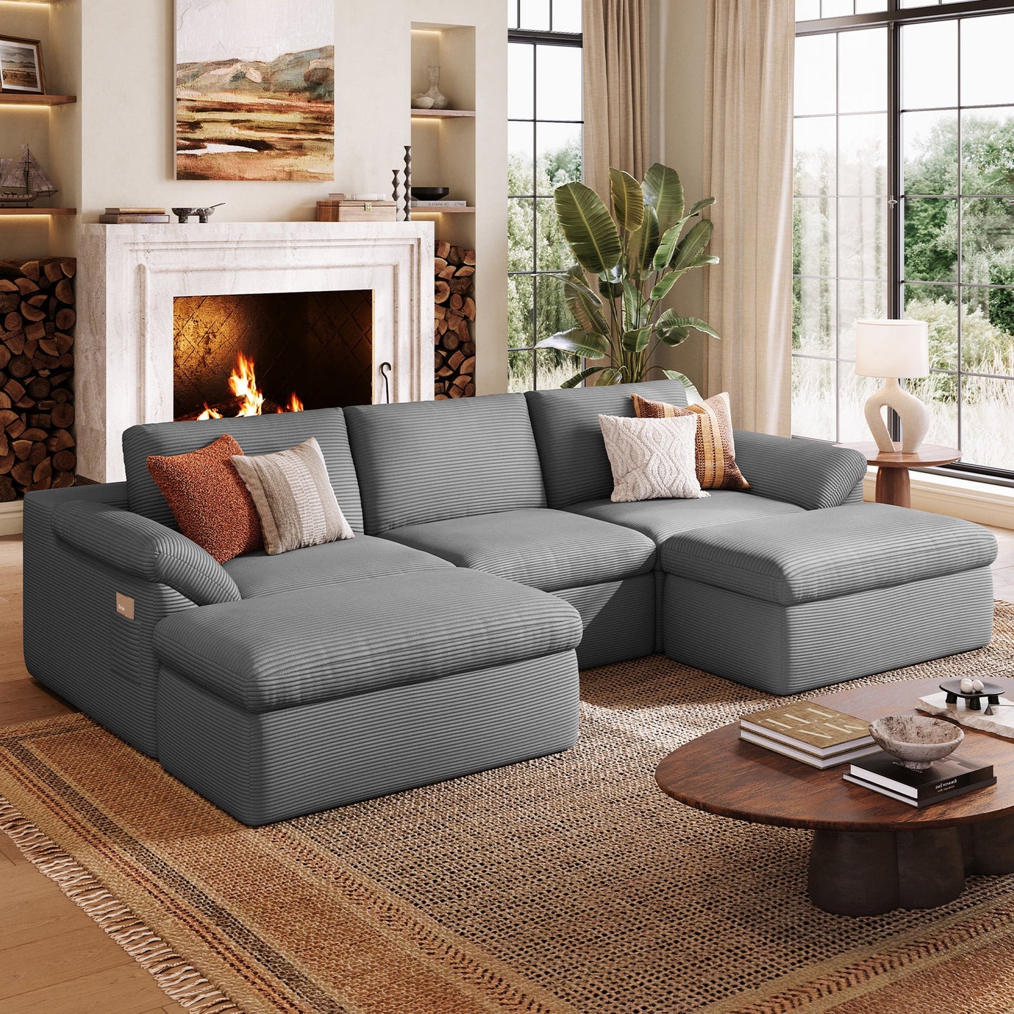 LINSY HOME Oversized 109in Boneless Sectional Couches for Living Room, U-Shaped Cloud Couch Sofa with Corduroy Fabric, 3 Seat Foam Sofa with 2 Ottomans, No Assembly Required, Grey