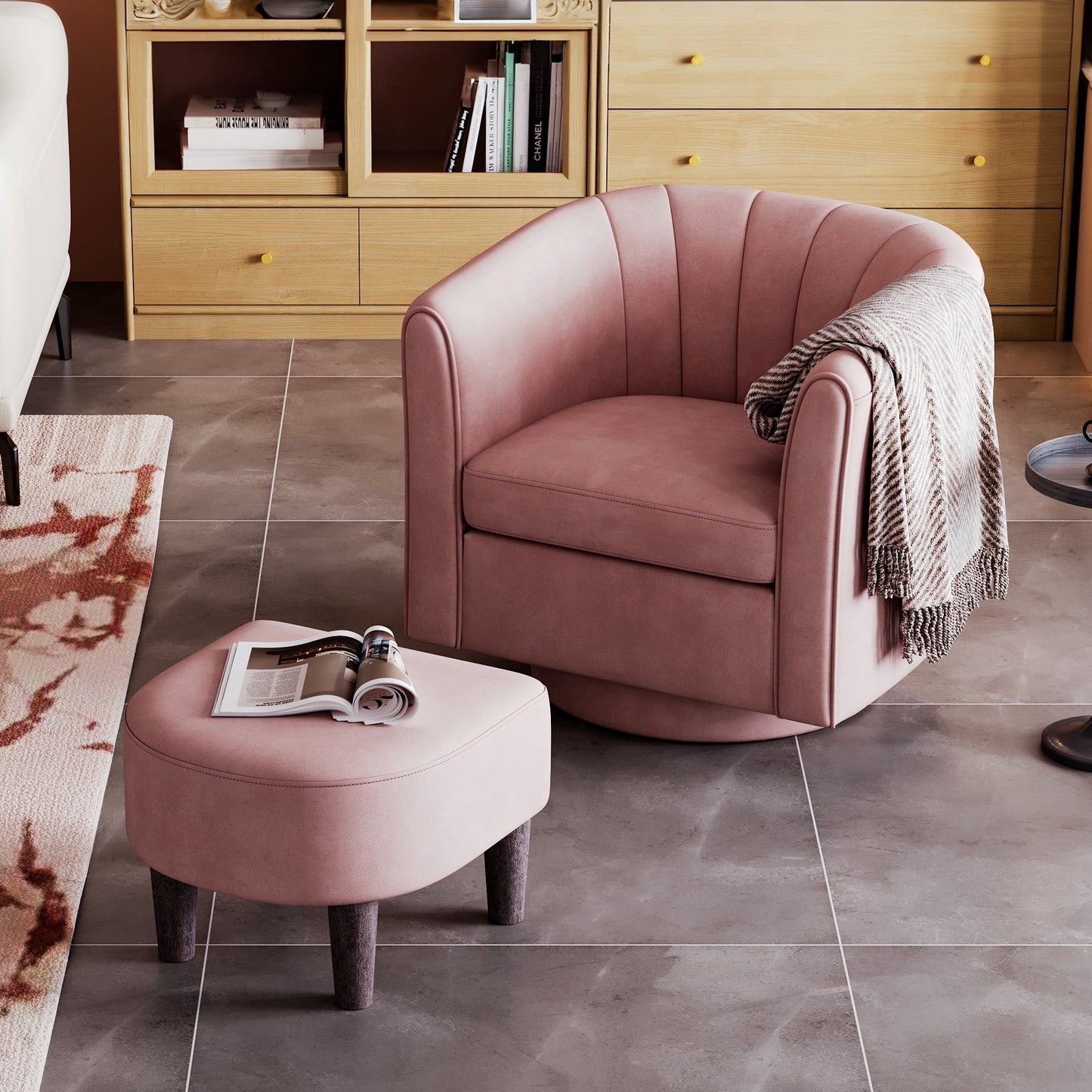 LINSY HOME Swivel Accent Chair with Ottoman, Velvet Barrel Chair for Living Room, Pink