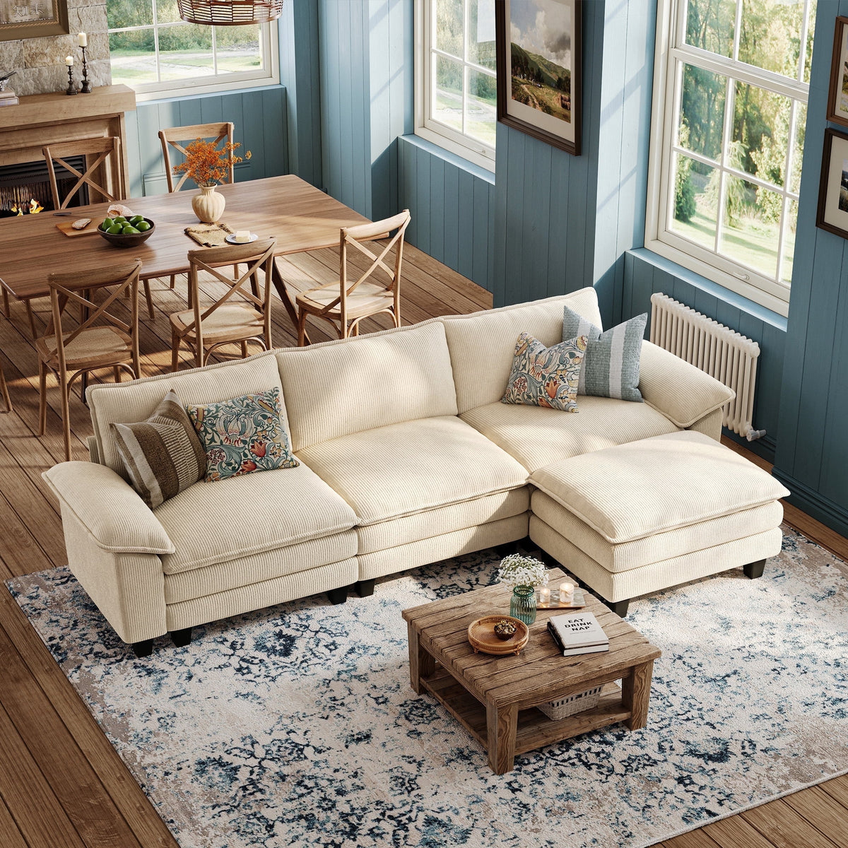 Linsy Home 123in Cloud Modular Sectional Sofa for Living Room, L-Shaped Cloud Sofa Couch with Corduroy Fabric, 3 Seat Oversized Couch with Movable Ottoman, Beige