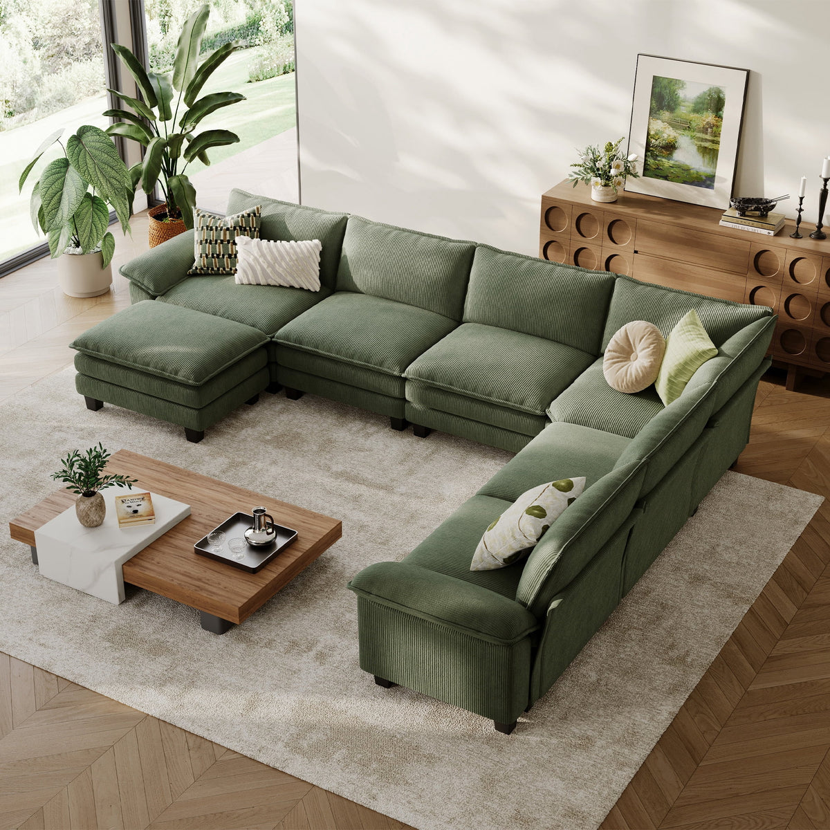 Linsy Home 153in Cloud Modular Sectional Sofa for Living Room, V-Shaped Cloud Sofa Couch with Corduroy Fabric, 5 Seat Oversized Couch with Corner Seat&Movable Ottoman, Green