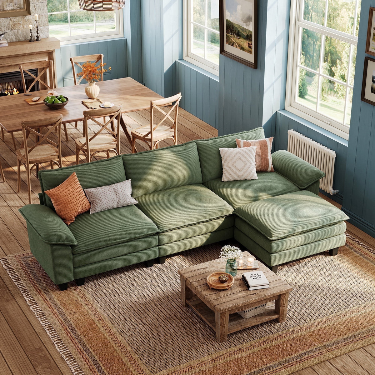 Linsy Home 123in Cloud Modular Sectional Sofa for Living Room, L-Shaped Cloud Sofa Couch with Corduroy Fabric, 3 Seat Oversized Couch with Movable Ottoman, Green