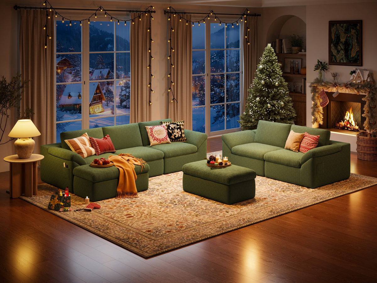 Linsy Home 2 Piece Sofa Set for Living Room, Cloud Modular Sectional Sofa with Deep Seating, Oversized Boneless Couch Set with Corduroy Fabric, Green