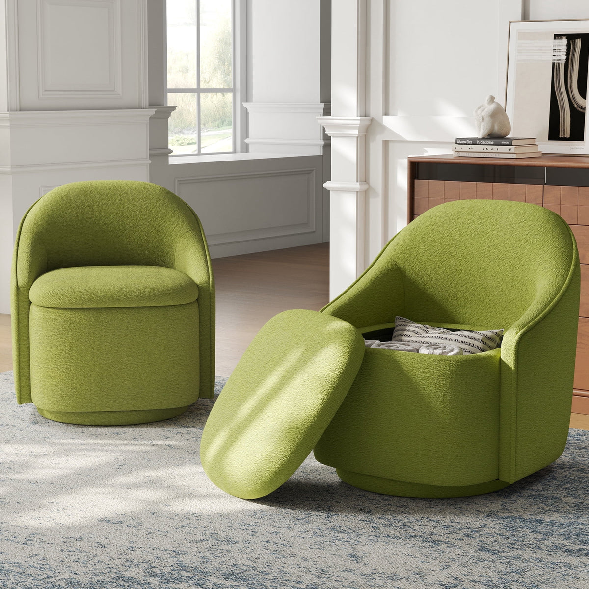 LINSY HOME 360¡ã Swivel Accent Chair Set of 2 with Hidden Storage, Modern Upholstered Barrel Chair for Living Room, Bedroom, Green