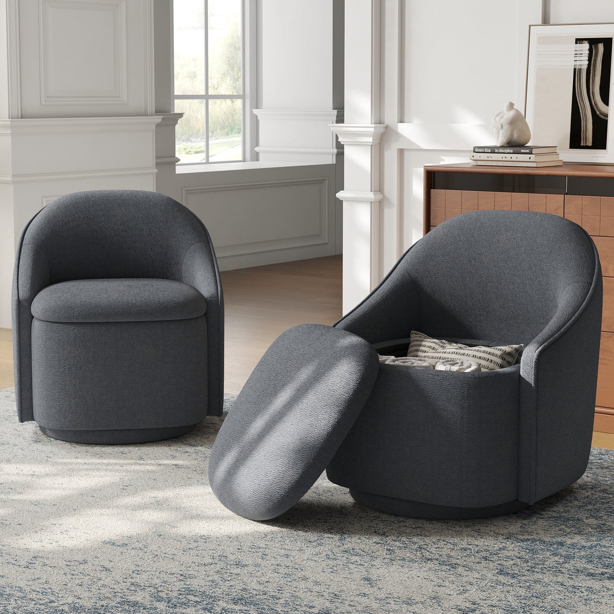 LINSY HOME 360¡ã Swivel Accent Chair Set of 2 with Hidden Storage, Modern Upholstered Barrel Chair for Living Room, Grey