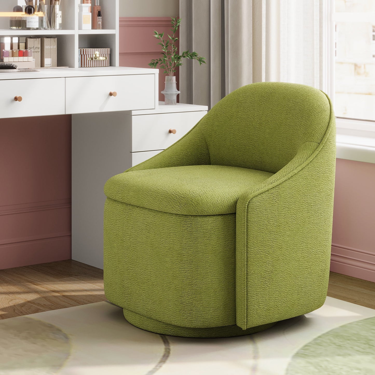 Linsy Home 360¡ã Swivel Accent Chair with Hidden Storage, Modern Upholstered Barrel Chair for Living Room, Green