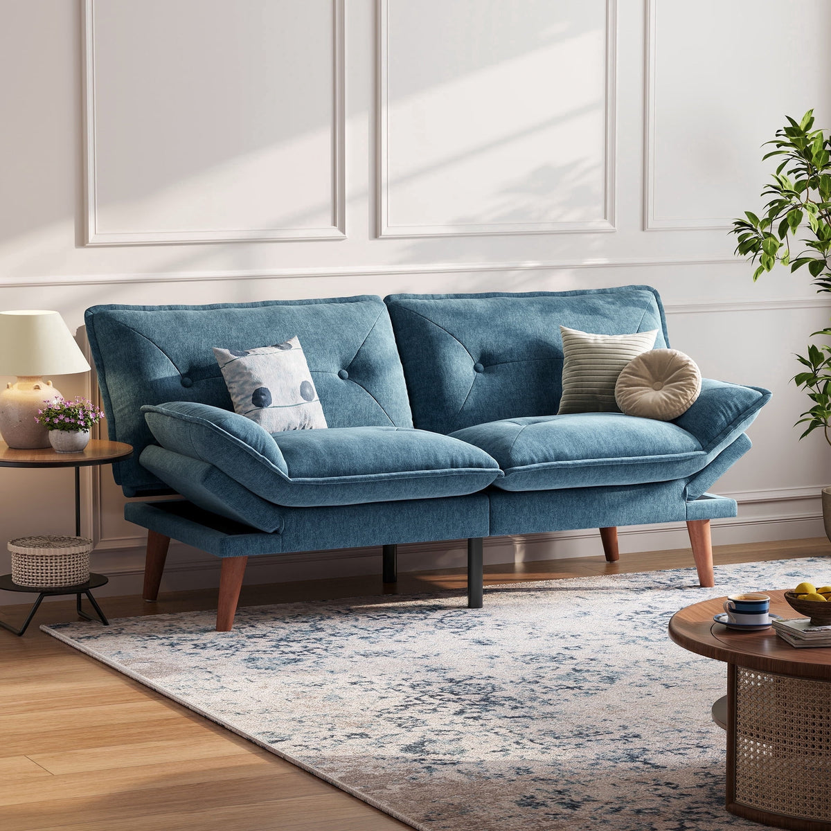 LINSY HOME Futon Sofa, Modern Sofa Bed with Adjustable Armrests for Small Place and Apartment, Blue