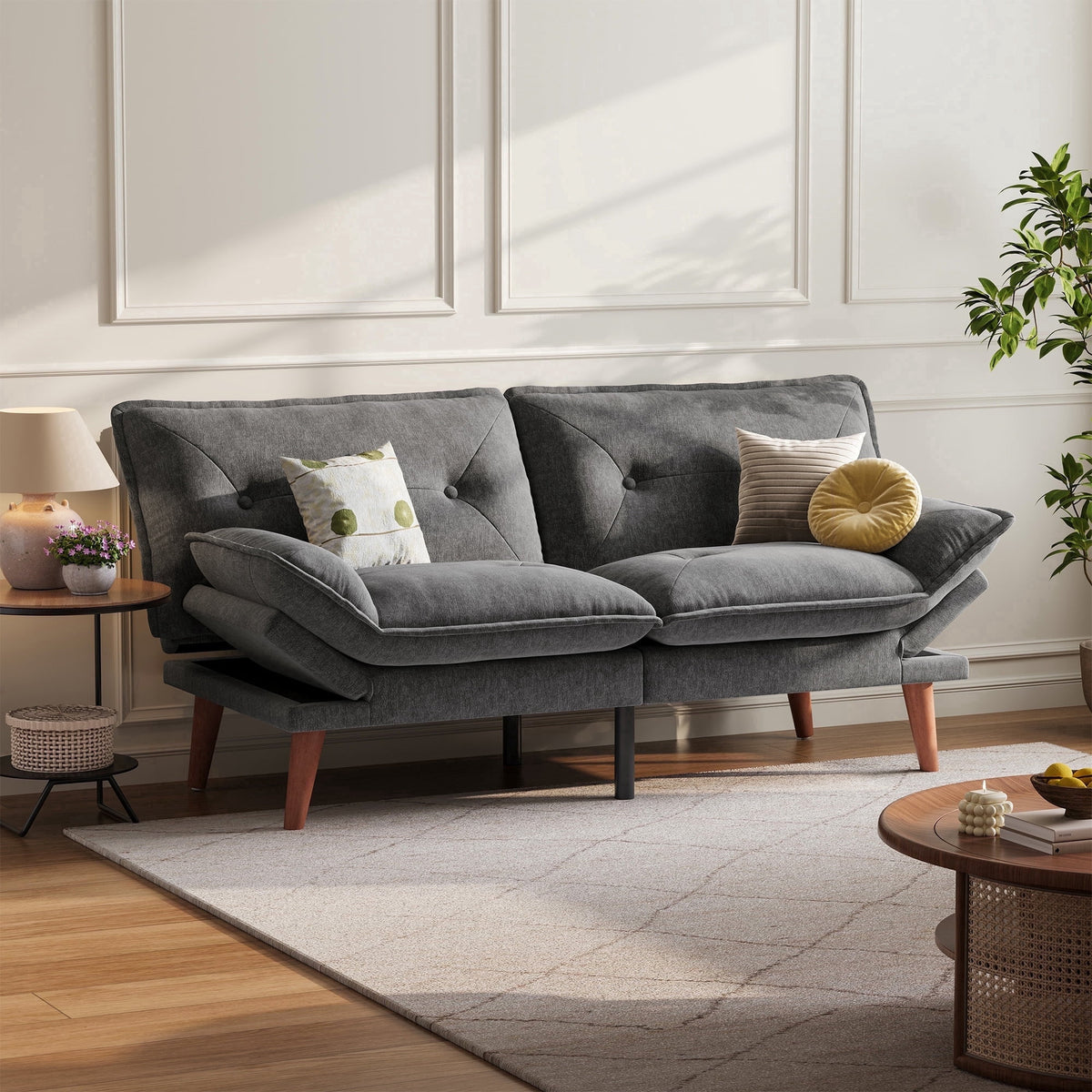 LINSY HOME Futon Sofa Bed with Adjustable Armrests, Loveseat for Small Living Place and Apartment, Grey