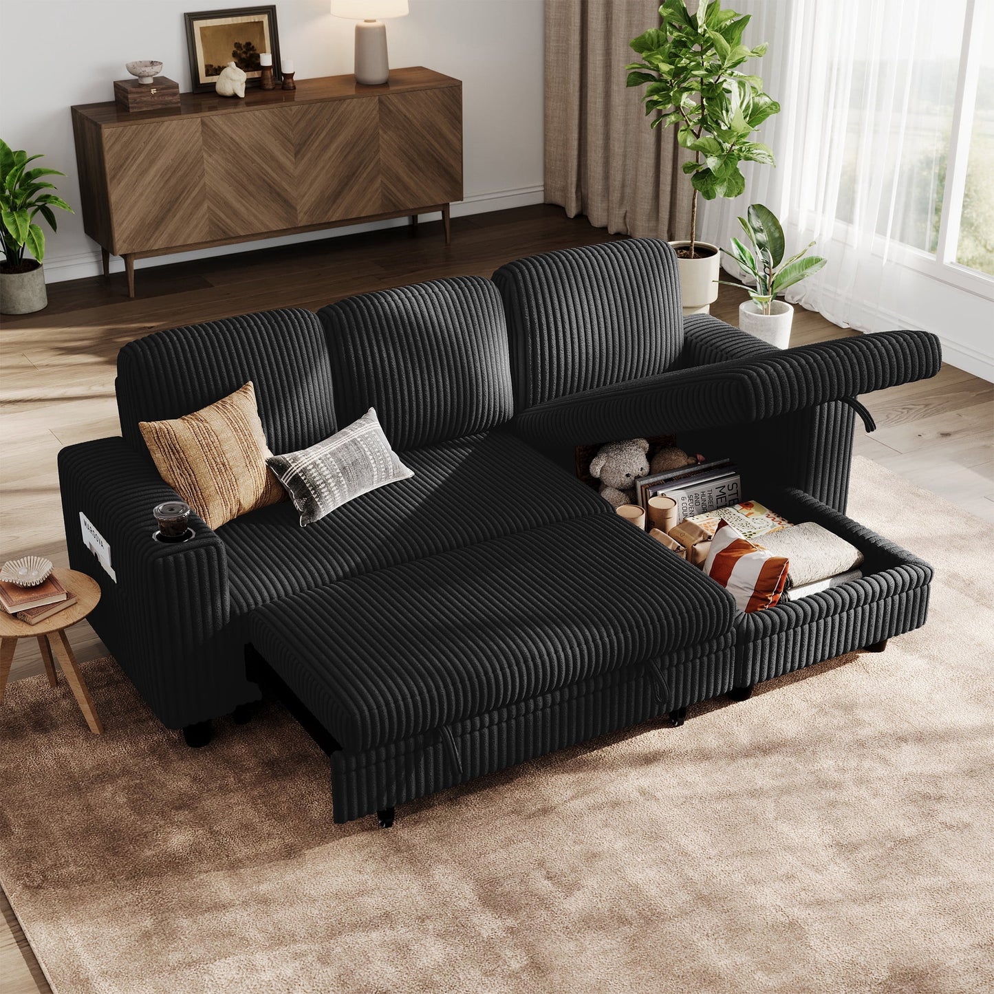 LINSY HOME L Shaped Sectional Couches for Living Room, Sleeper Sofa Bed with Reversible Storage Chaise, Pull Out Couch Bed with USB, Cup Holder, Black
