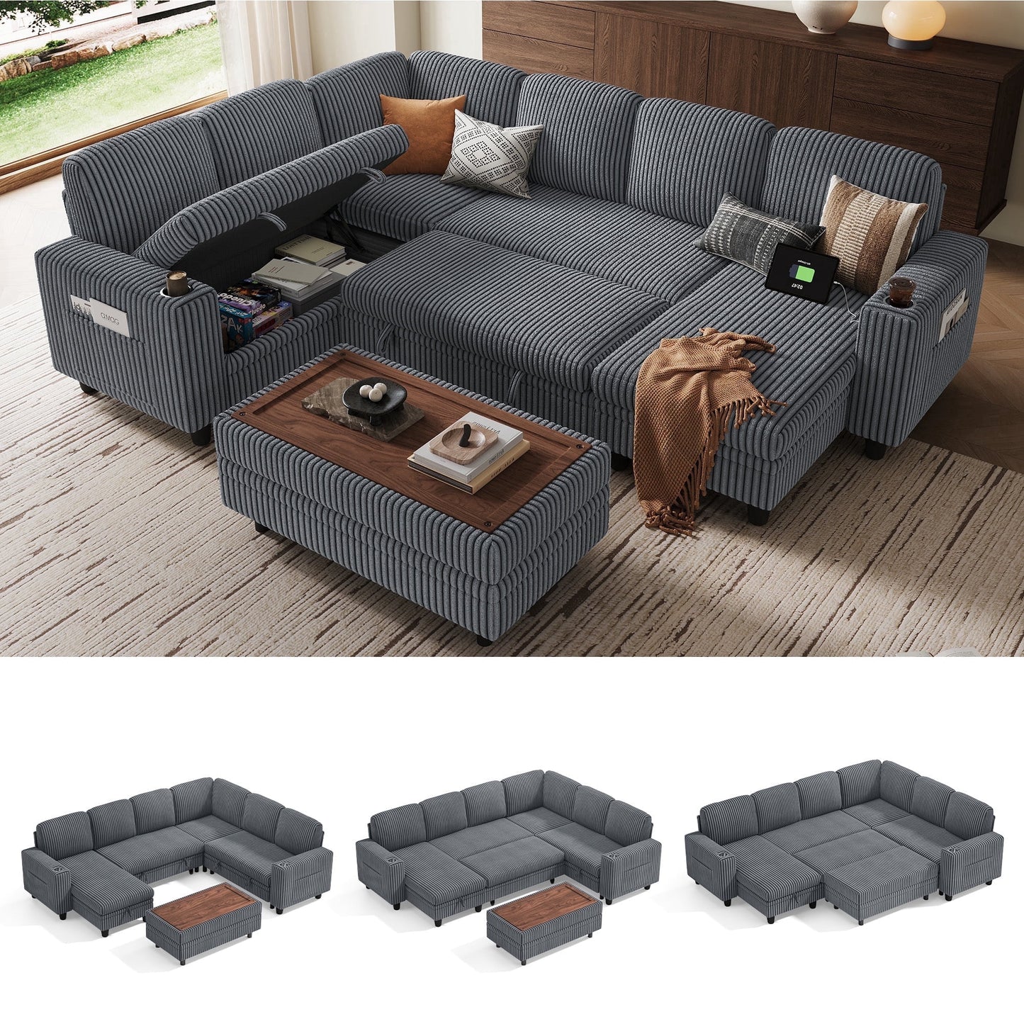 LINSY HOME 6 Seaters Sectional Couches for Living Room, Sleeper Sofa Bed with Storage Seat, Pull Out Couch Bed with Ottoman, Dark Gray