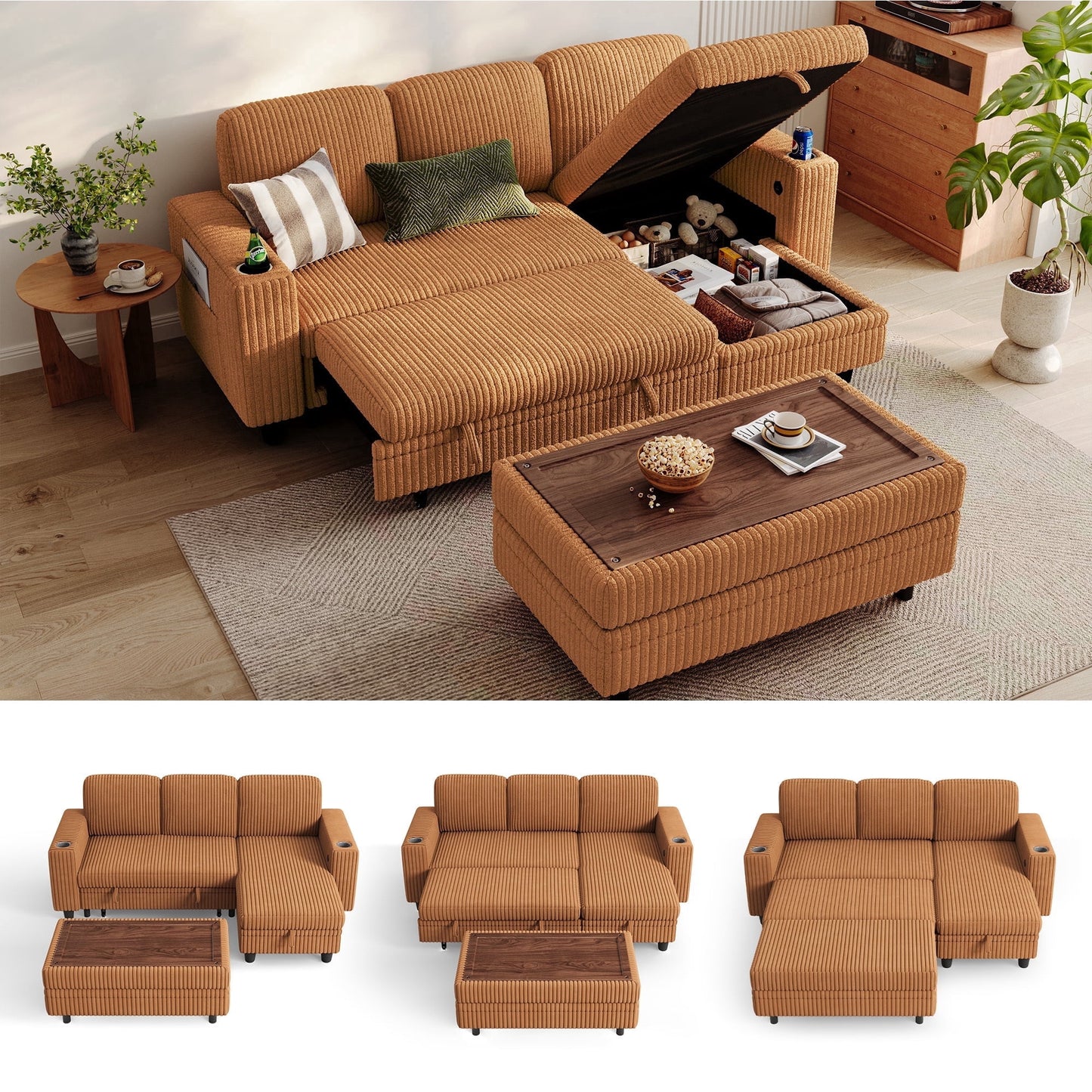 LINSY HOME Modular Sectional Couches for Living Room, Sofa Bed with Storage Seat, Pull Out Couch Bed with Storage Ottoman, Brown