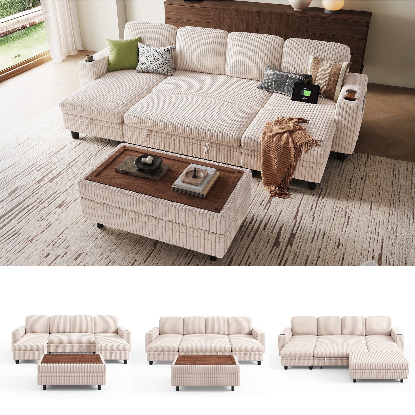 LINSY HOME 4 Seaters Sleeper Sofa Bed with Storage Seat, Pull Out Couch Bed with Storage Ottoman, Sectional Couches for Living Room, Beige