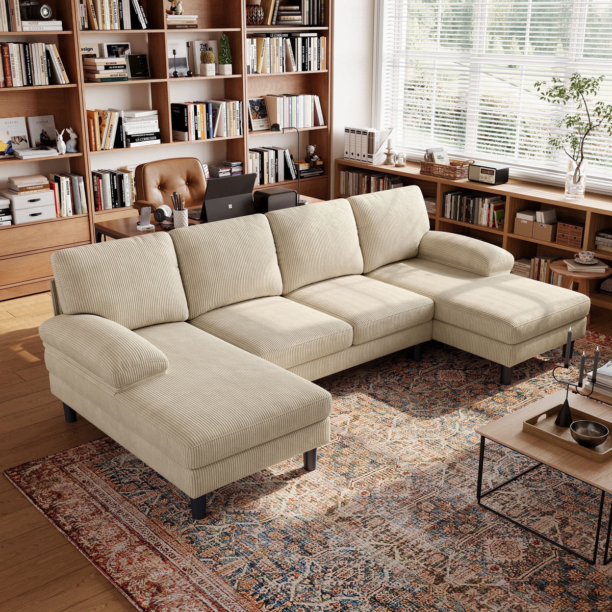 Linsy Home Sectional Sofa for Living Room, U-Shaped Sofa Couch with Corduroy Fabric, 4 Seat Sofa Set with Double Chaise for Apartment, White