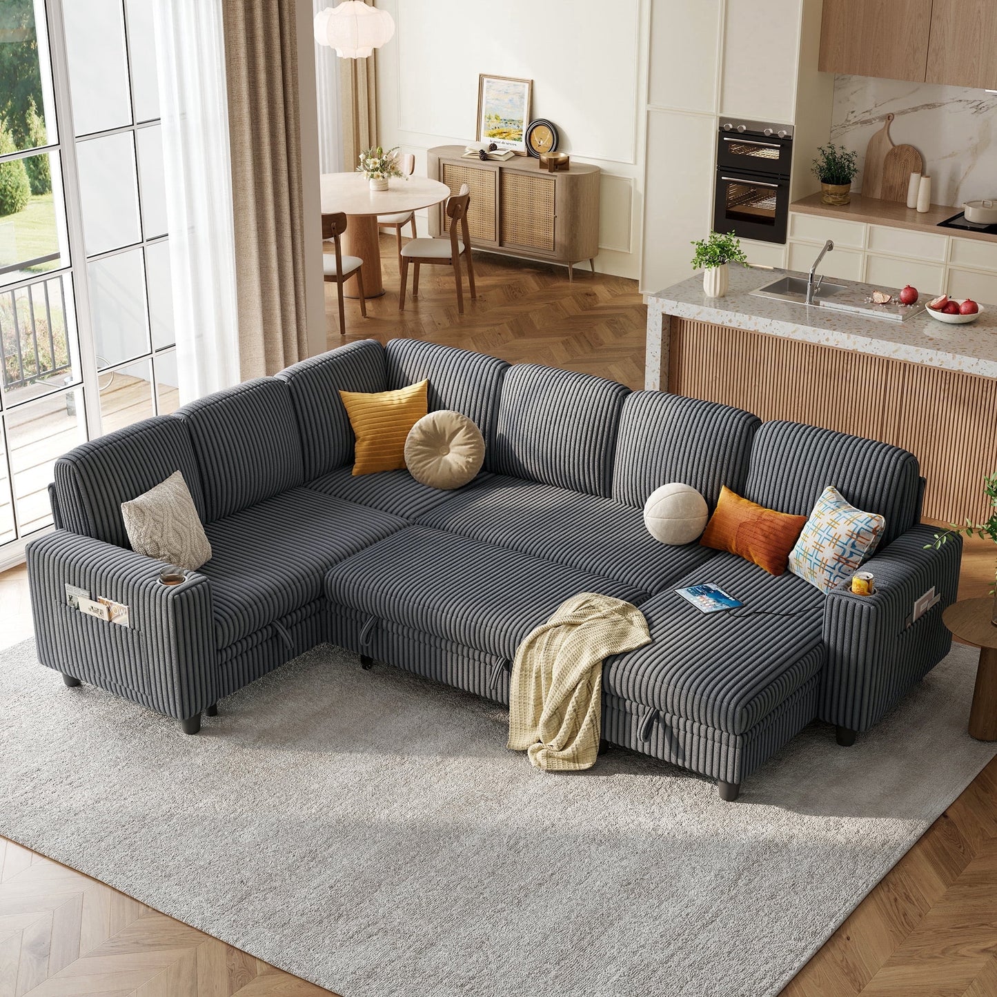 LINSY HOME 6 Seaters Sectional Sleeper Sofa with Pull Out Bed, Modular Sectional Sofa with with USB & Cup Holder for Living Room, Dark Gray