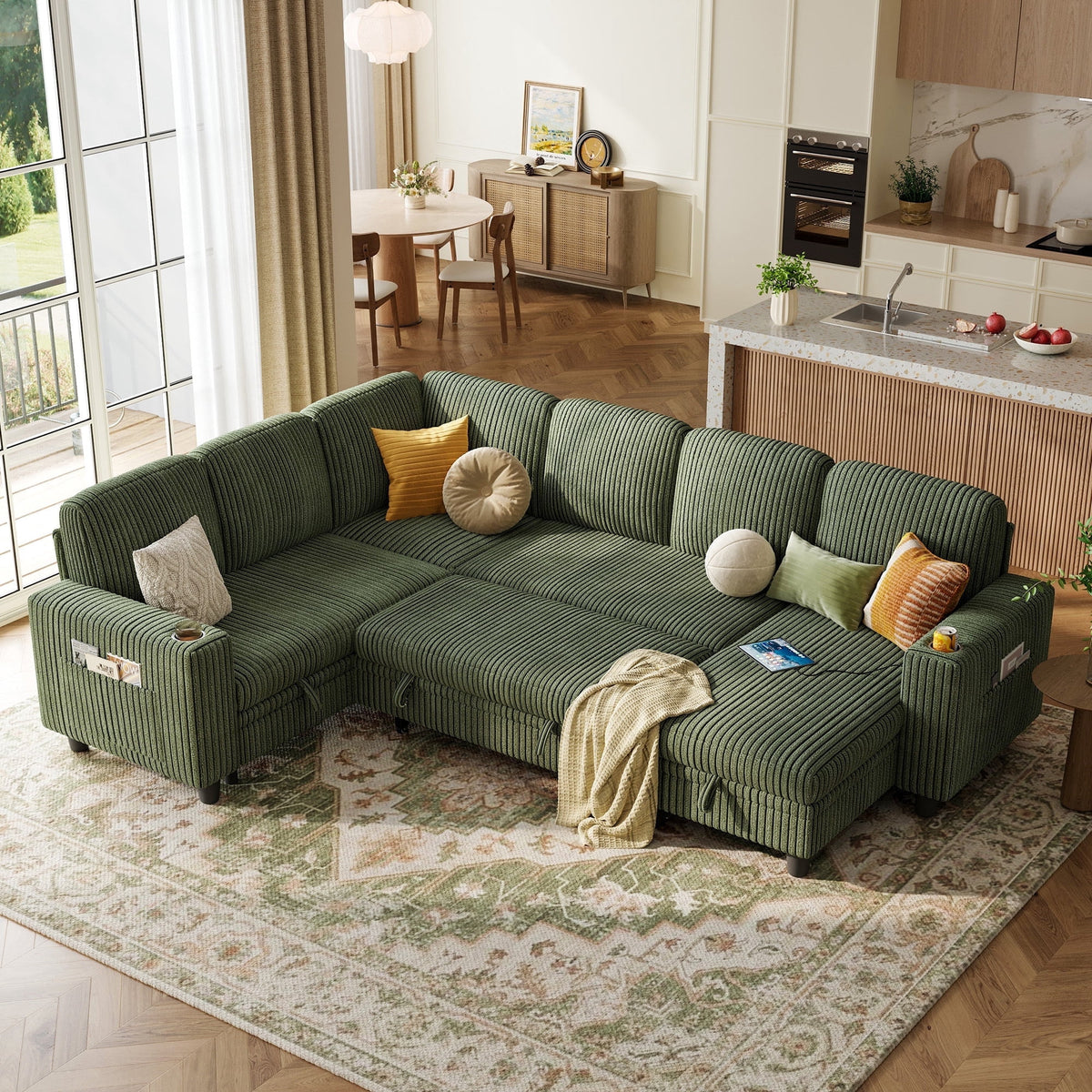 LINSY HOME 6 Seaters Sectional Sleeper Sofa with Pull Out Bed, Modular Sectional Sofa with with USB & Cup Holder for Living Room, Dark Green