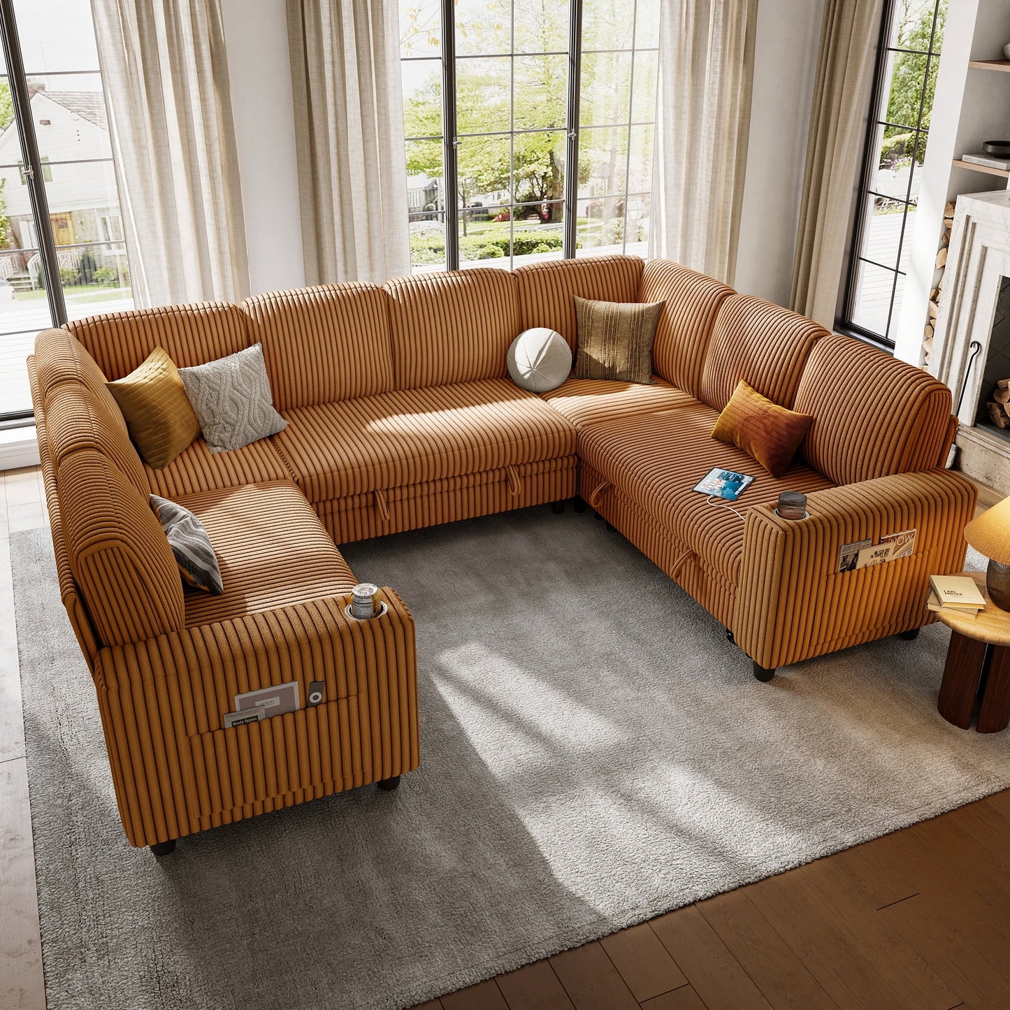 LINSY HOME U Shaped Modular Sectional Sofa for Living Room, Plush Corduroy Sectional Couches with USB & Cup Holder, Brown