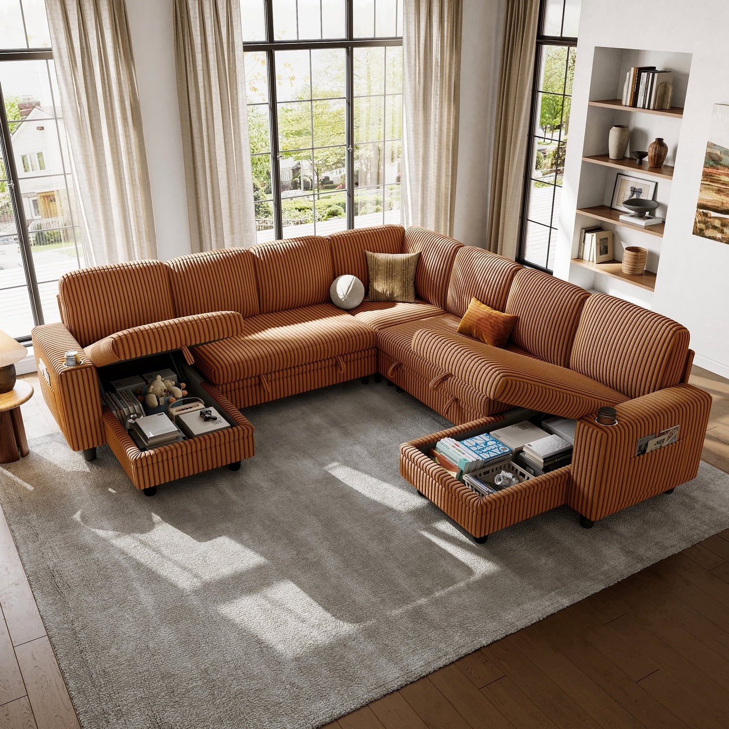 LINSY HOME 7 Seaters Modular Sectional Sofa, Plush Corduroy Sectional Couches, Sleeper Sofa with Pull Out Bed for Living Room, Brown
