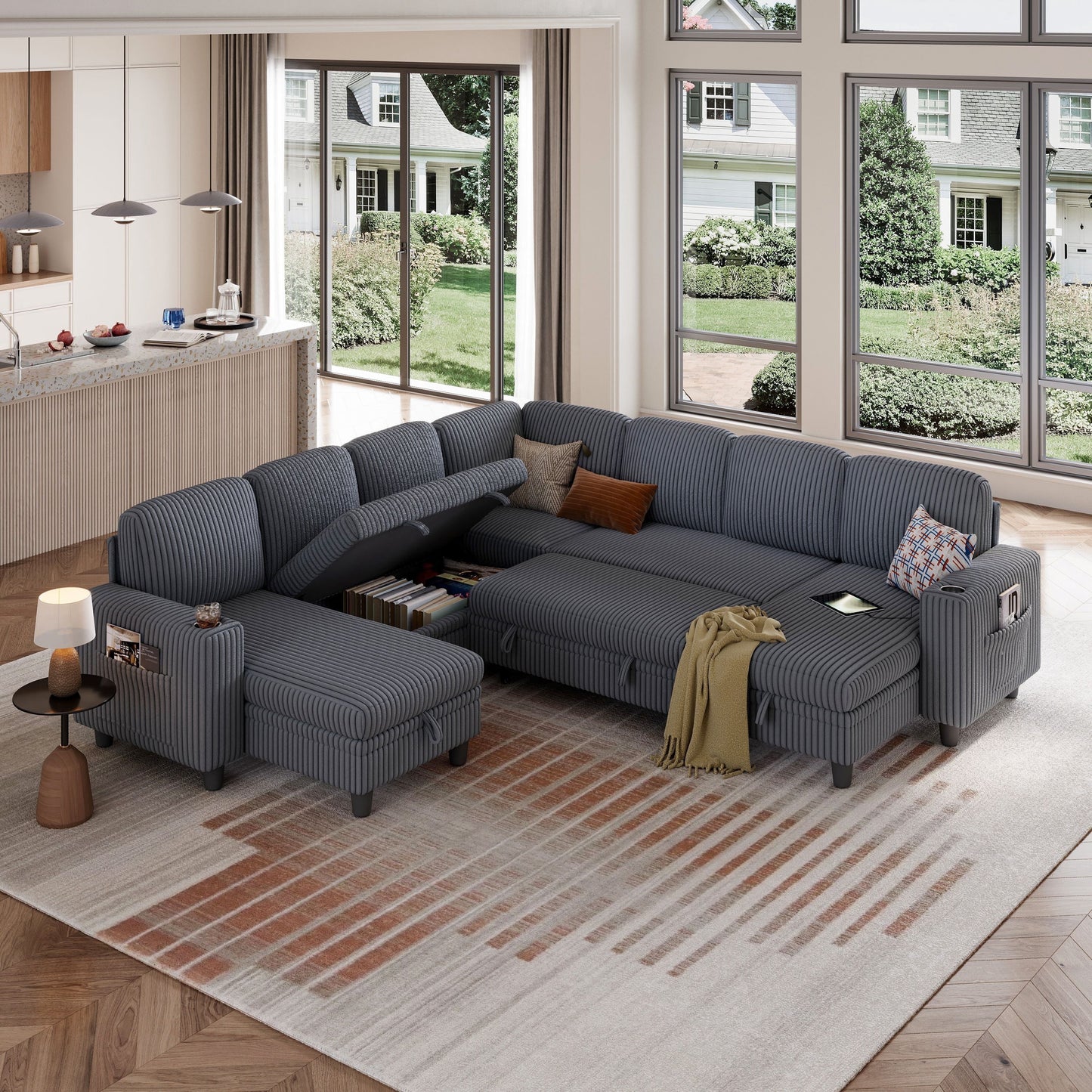 LINSY HOME 7 Seaters Modular Sectional Sofa, Plush Corduroy Sectional Couches, Sleeper Sofa with Pull Out Bed for Living Room, Dark Gray