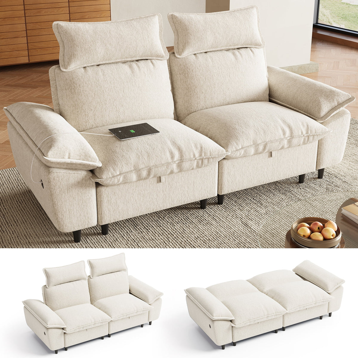 LINSY HOME 78in Sectional Sleeper Sofa with Adjustable Backrests, Chenille Convertible Sofa Bed with Storage, Removable Headrest & USB Charging for Living Room, Beige